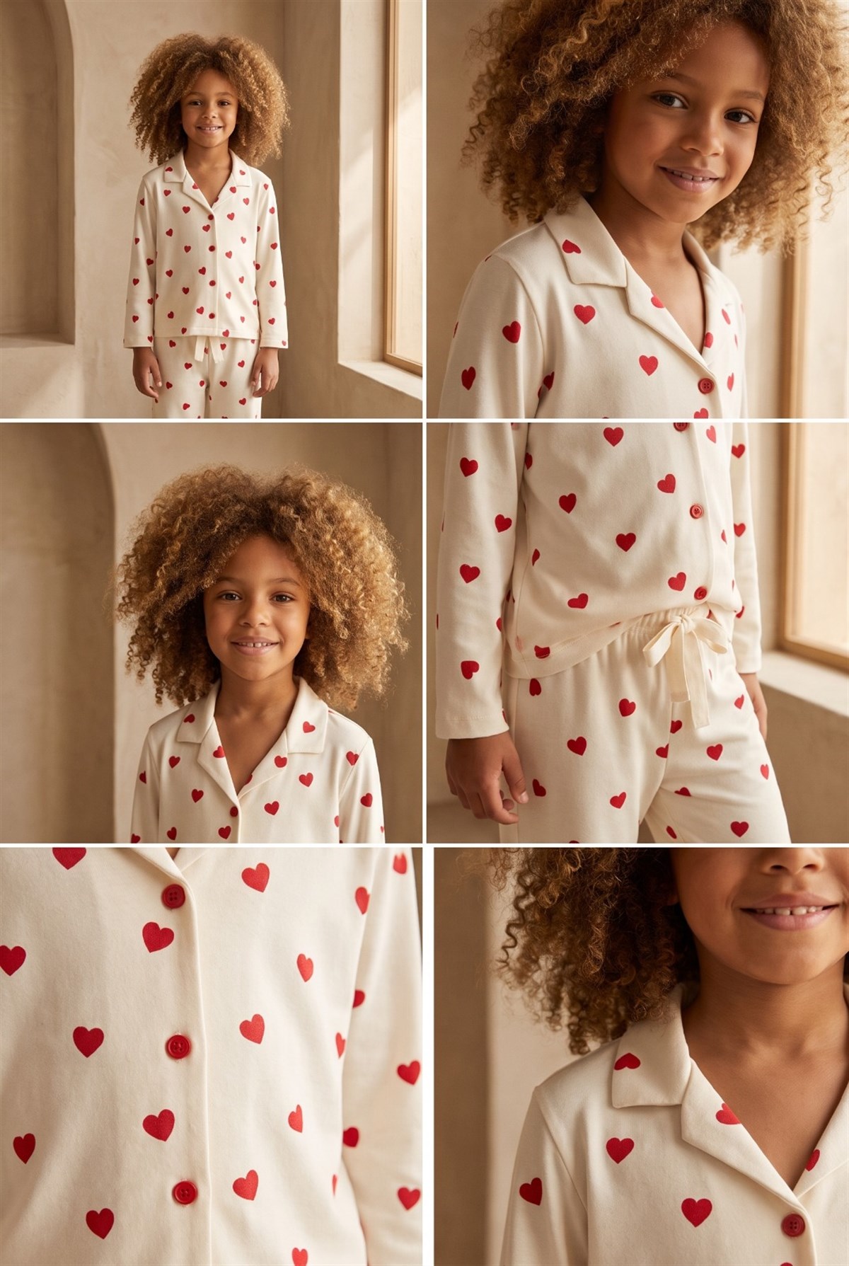 Kız Çocuk Kalpli Pijama Takımı Ekru