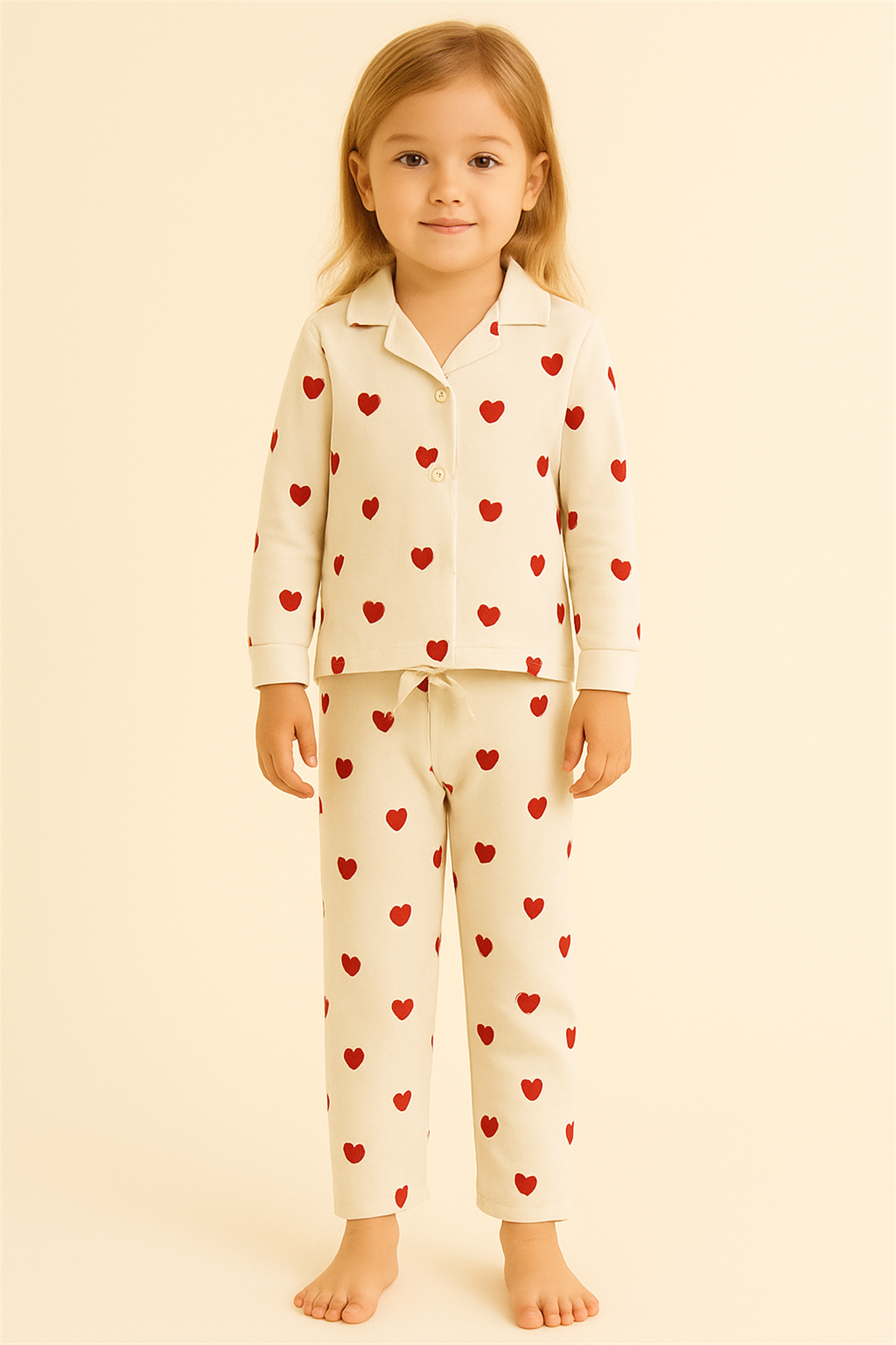 Kız Çocuk Kalpli Pijama Takımı Ekru