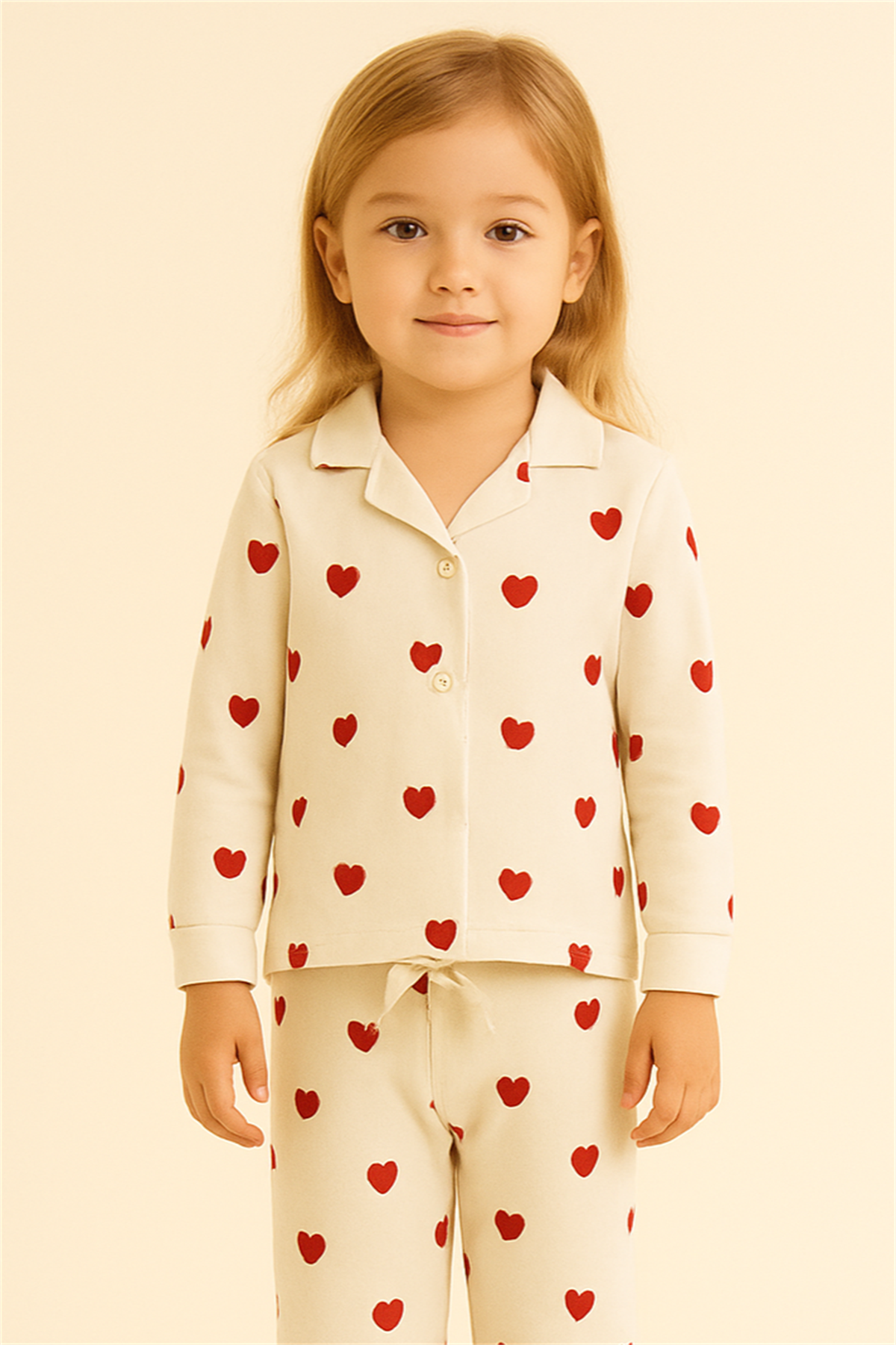 Kız Çocuk Kalpli Pijama Takımı Ekru