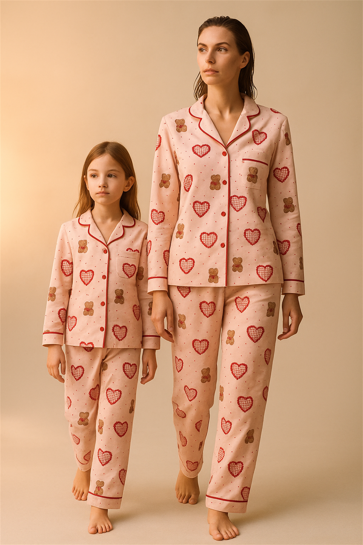 Kız Çocuk Kalpli Teddy Desenli Pijama Takımı Pembe