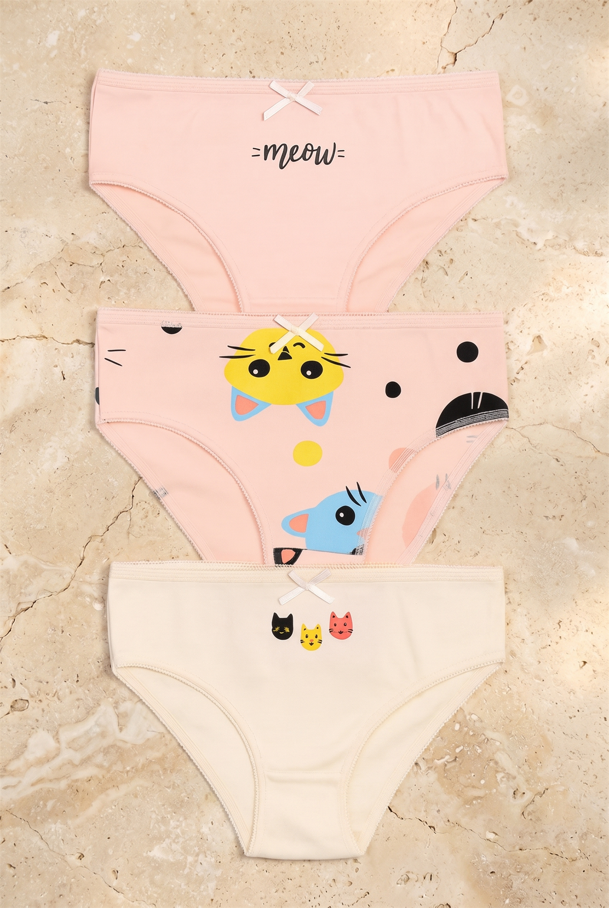 Kız Çocuk Kedi Desenli 3lü Slip Külot Açık Pembe