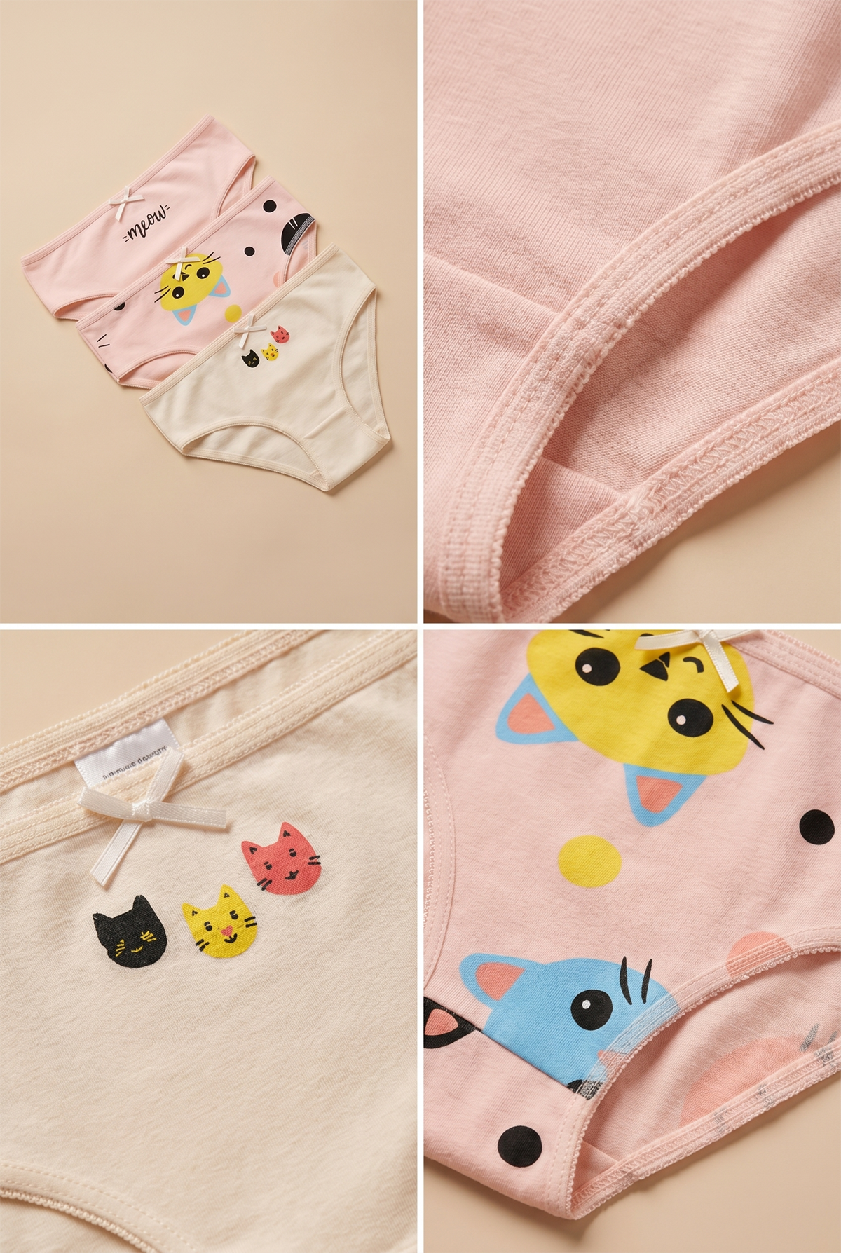 Kız Çocuk Kedi Desenli 3lü Slip Külot Açık Pembe