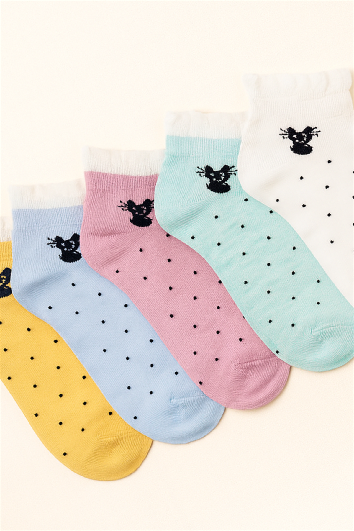 12401G2103 5 PCK KEDİ DESENLİ STEP ÇORAP ÇOK RENKLİ