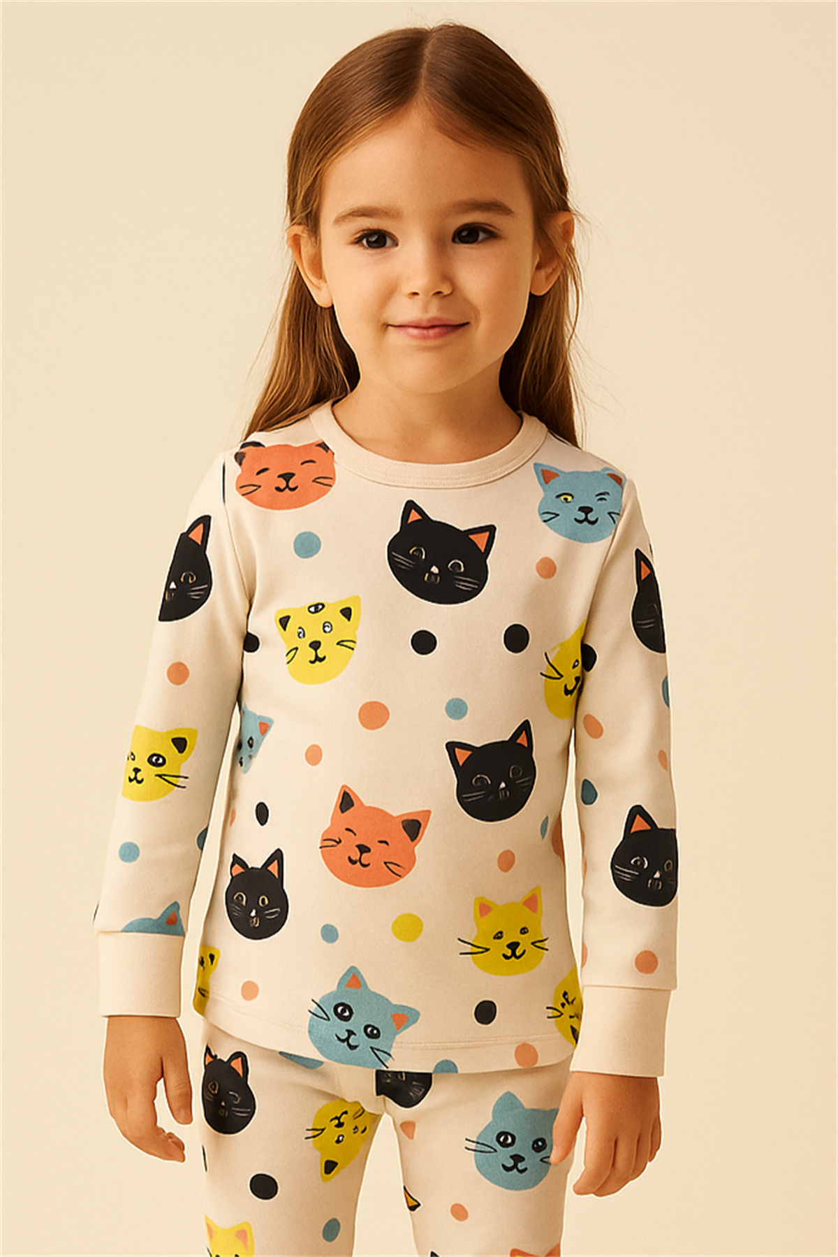 Kız Çocuk Kedi Desenli Pijama Takımı Açık Pembe
