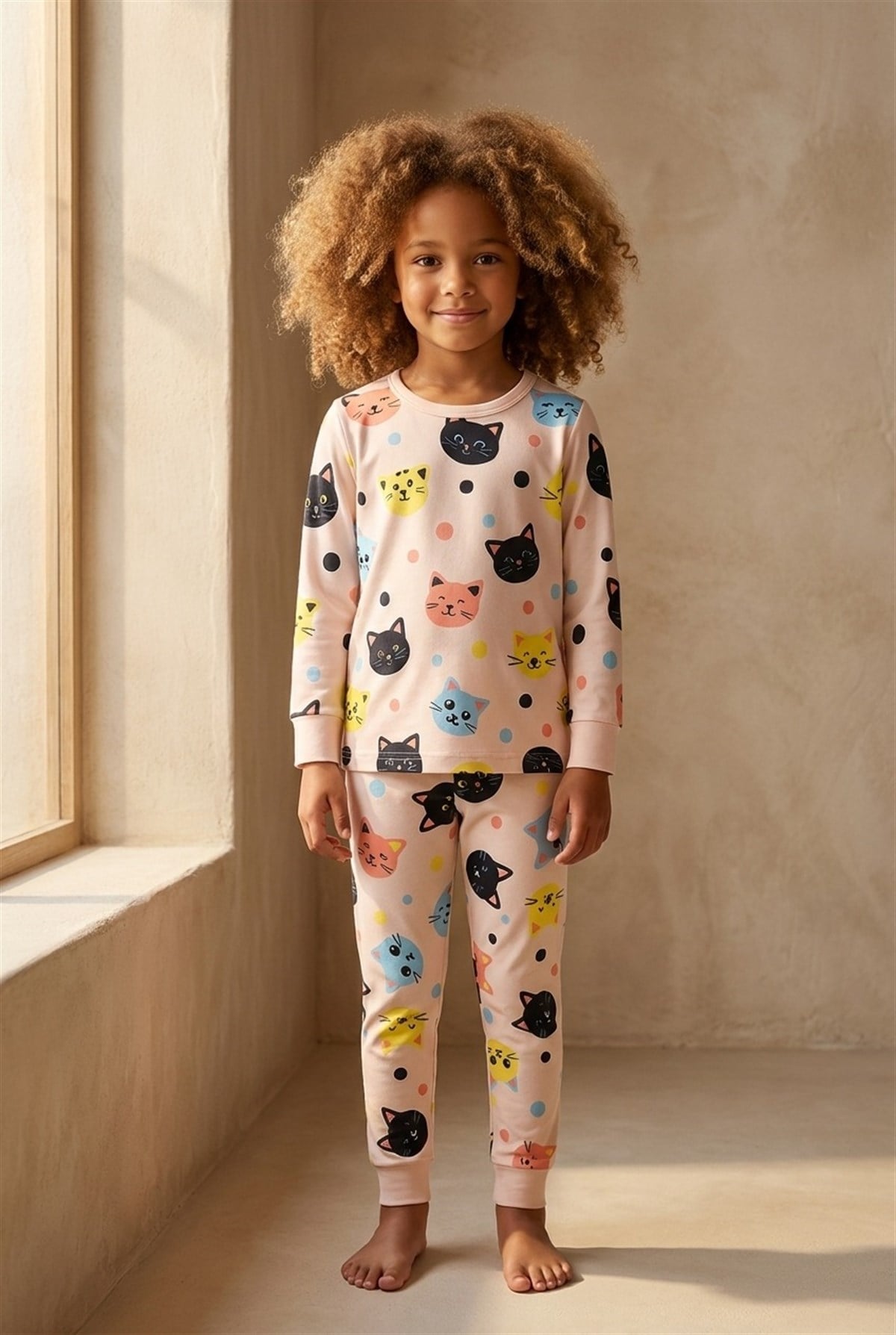 Kız Çocuk Kedi Desenli Pijama Takımı Açık Pembe