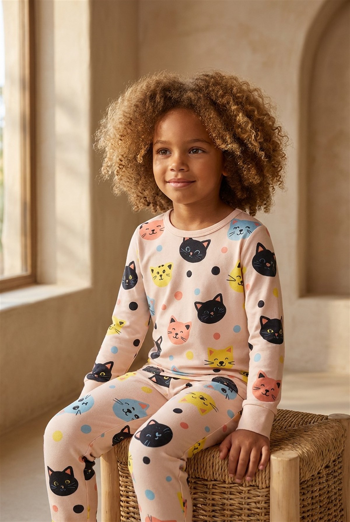 Kız Çocuk Kedi Desenli Pijama Takımı Açık Pembe