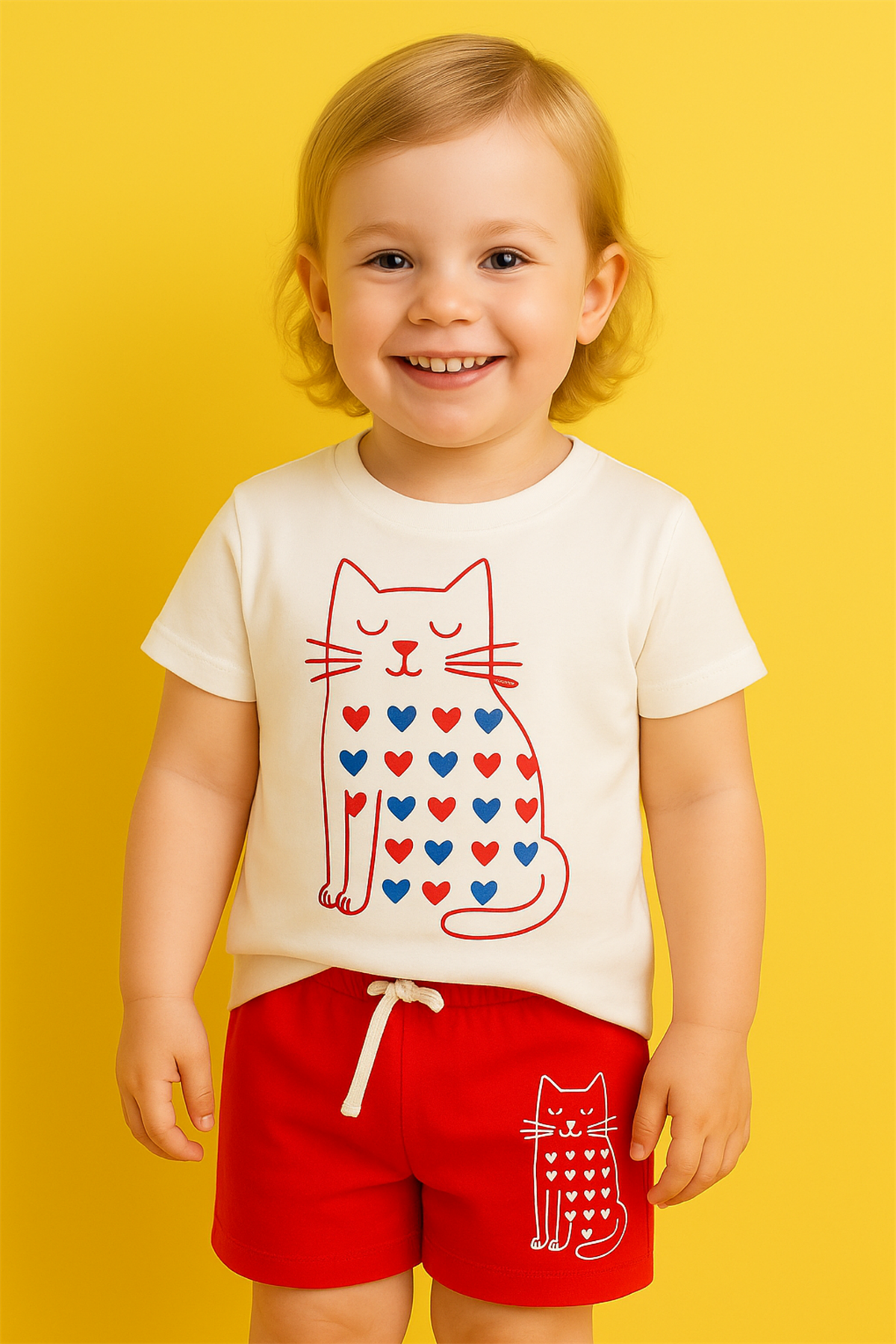 Girls Cat Patterned Shorts Pajama Set