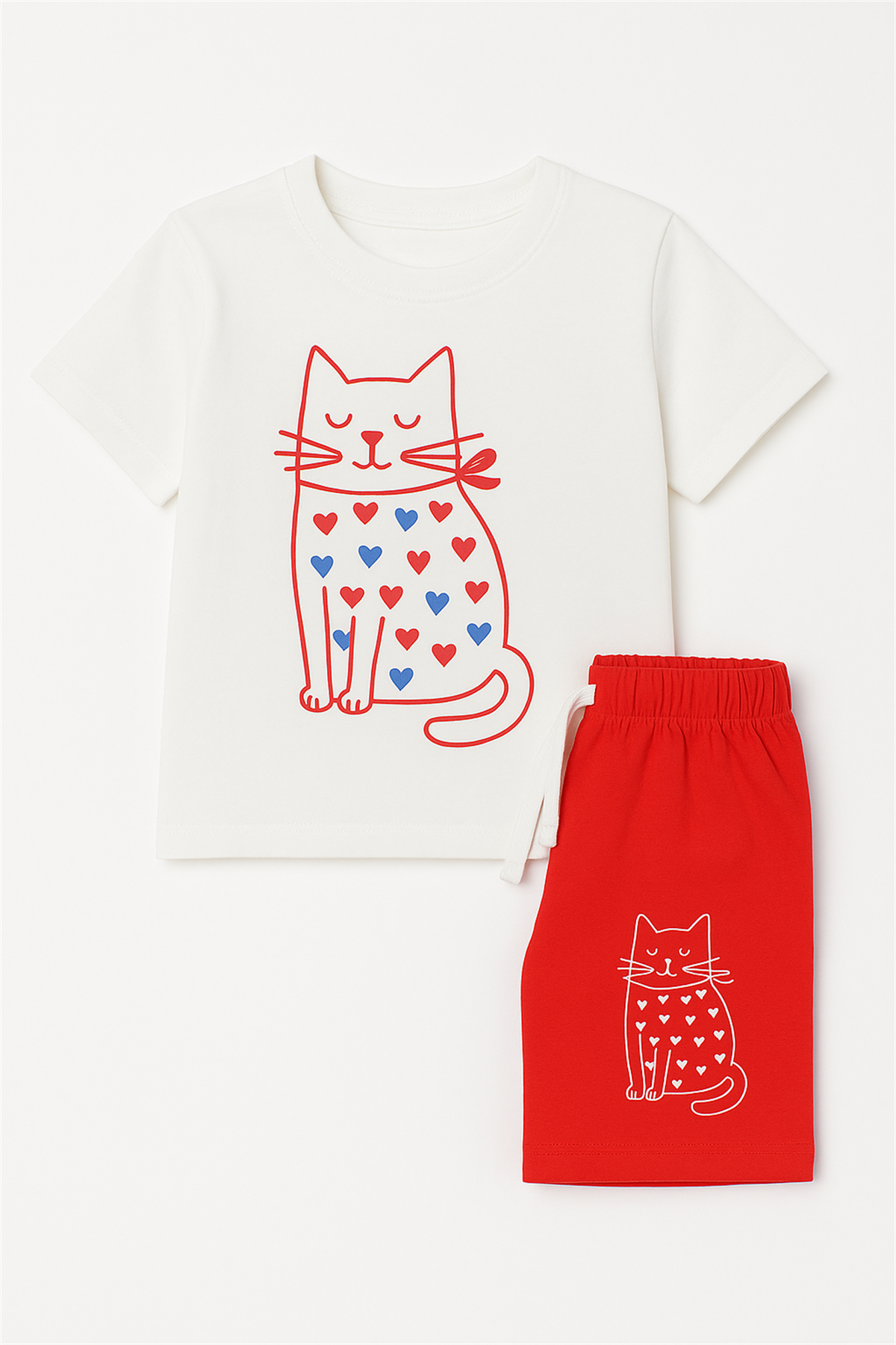Girls Cat Patterned Shorts Pajama Set