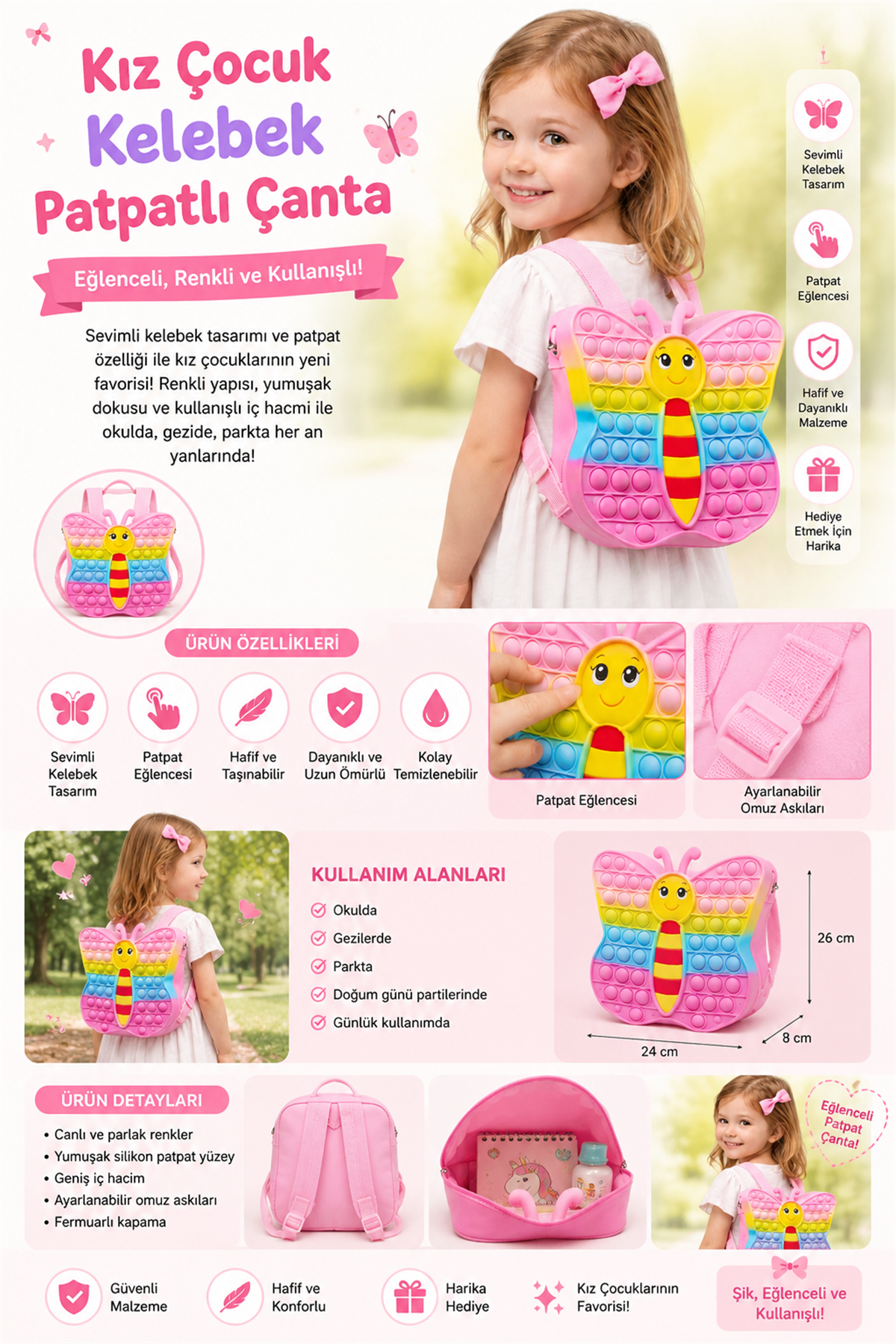 Girls Butterfly Patchwork Bag Pink