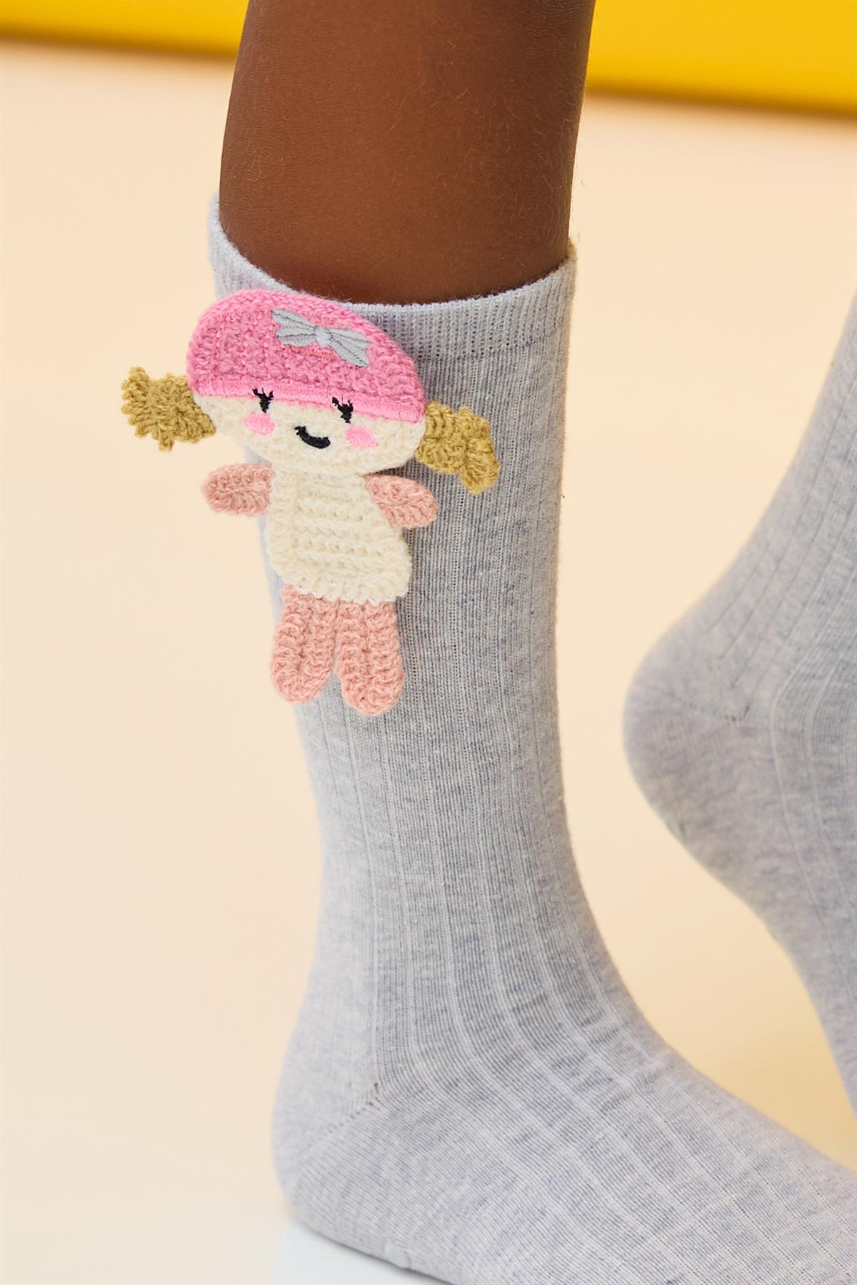 Girls Knee-High Socks with Girl Figure - Grey Melange