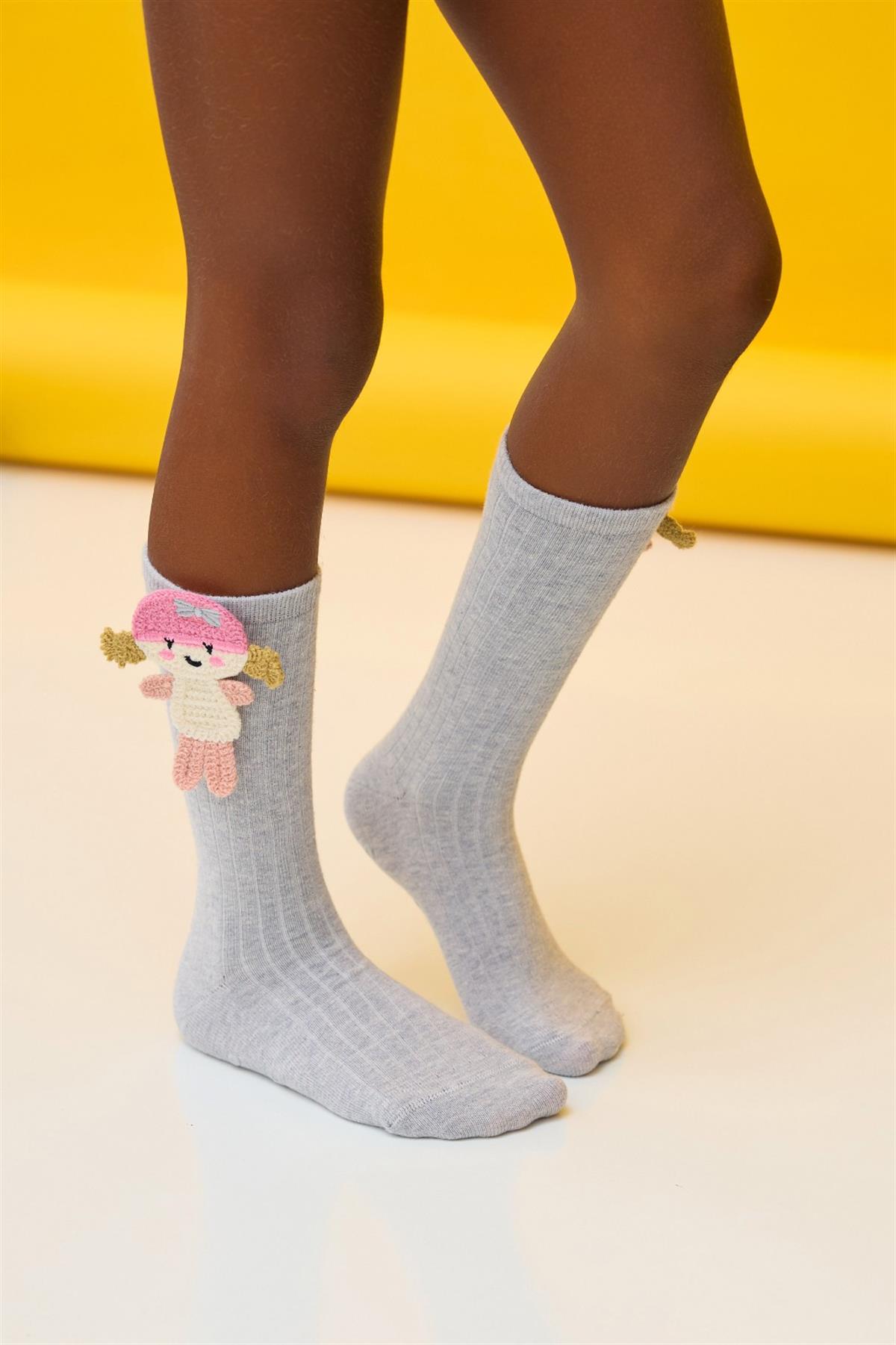 Girls Knee-High Socks with Girl Figure - Grey Melange