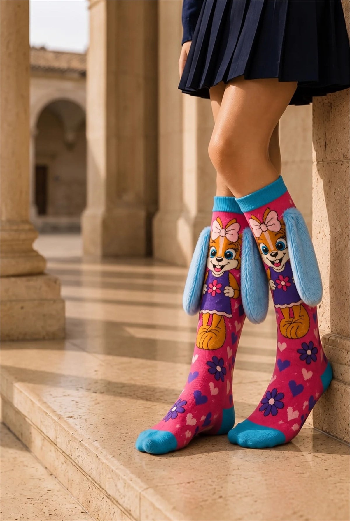 Girls Dog Pattern Knee-High Socks with Ear Accessories