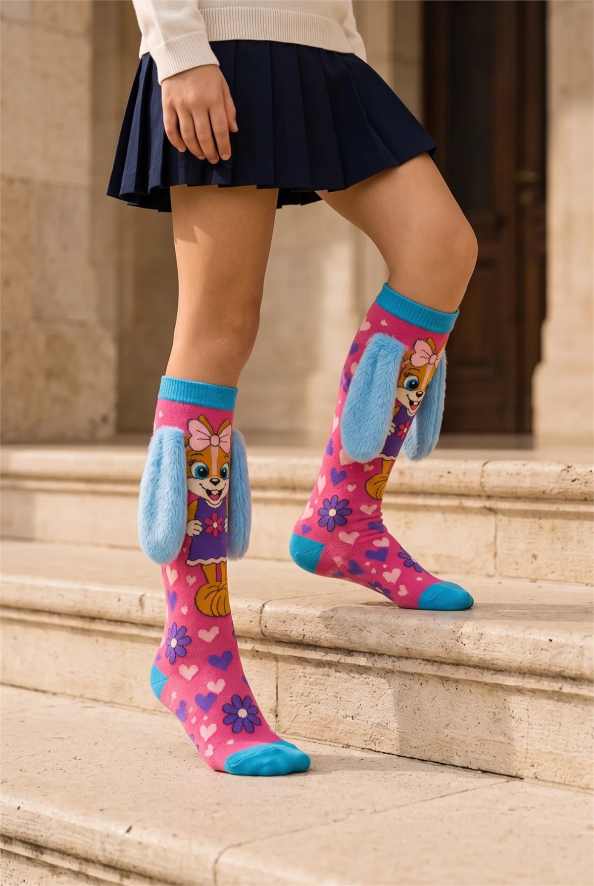 Girls Dog Pattern Knee-High Socks with Ear Accessories