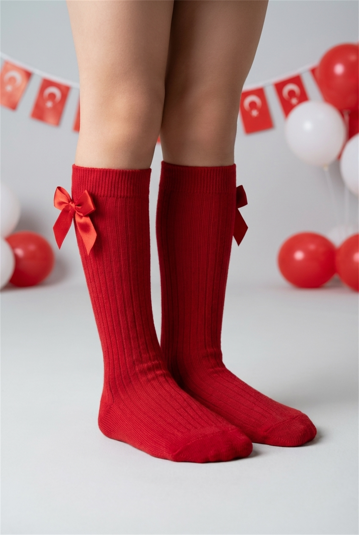 12601G2014 KURDELELİ FİTİLLİ ÇOCUK DİZALTI ÇORAP Red