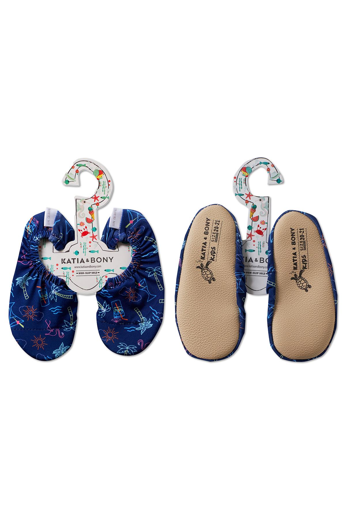 Childrens Navy Blue Flamingo Palm Patterned Water Shoes