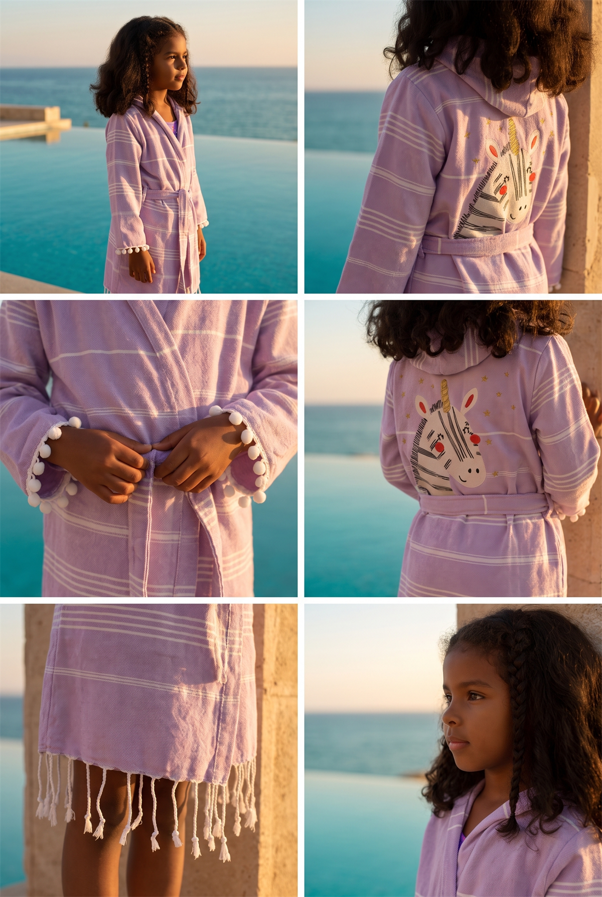 Girls Lilac Colored Unicorn Printed Peshtemal Bathrobe