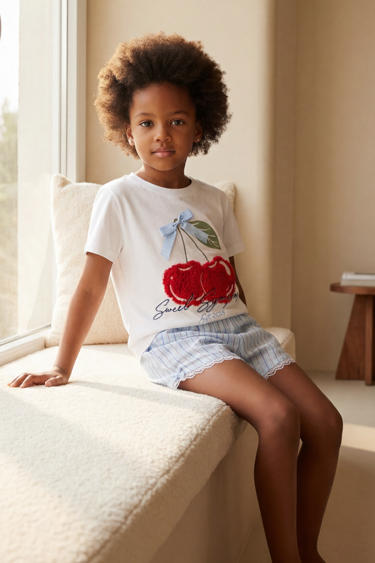 Kız Çocuk Mediterranean Kiraz İşlemeli Şortlu Pijama Takımı