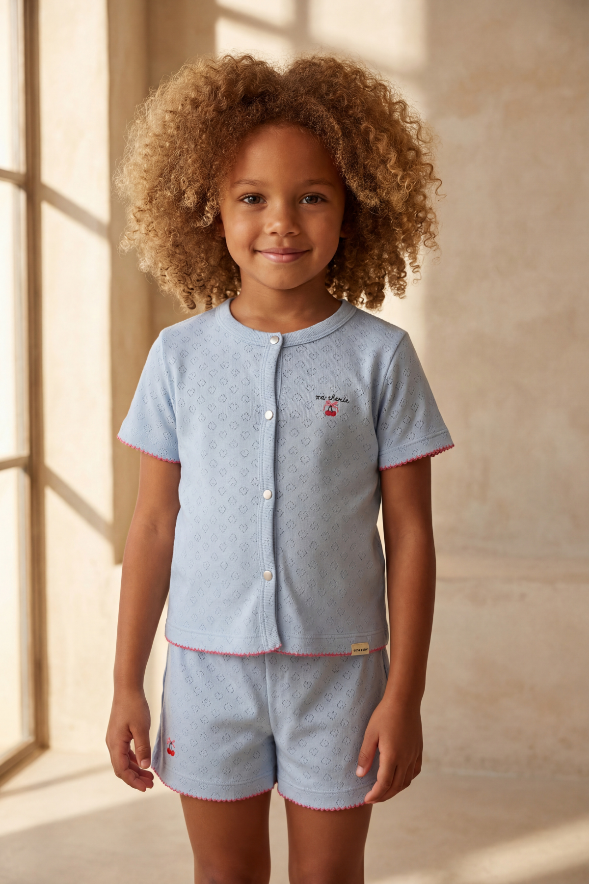 Kız Çocuk Mediterranean Kiraz Nakışlı Düğmeli Şortlu Pijama Takımı Mavi