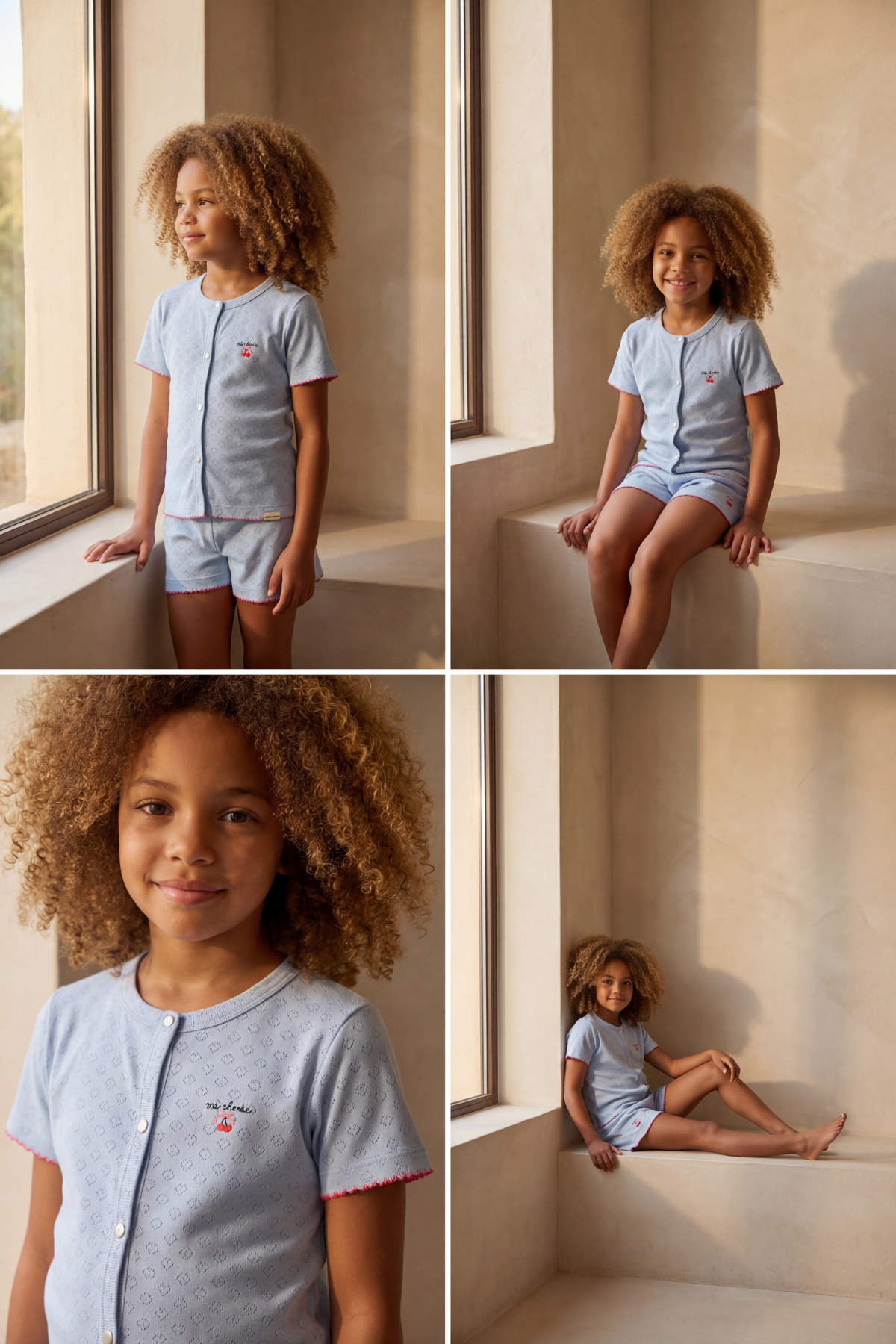 Kız Çocuk Mediterranean Kiraz Nakışlı Düğmeli Şortlu Pijama Takımı Mavi