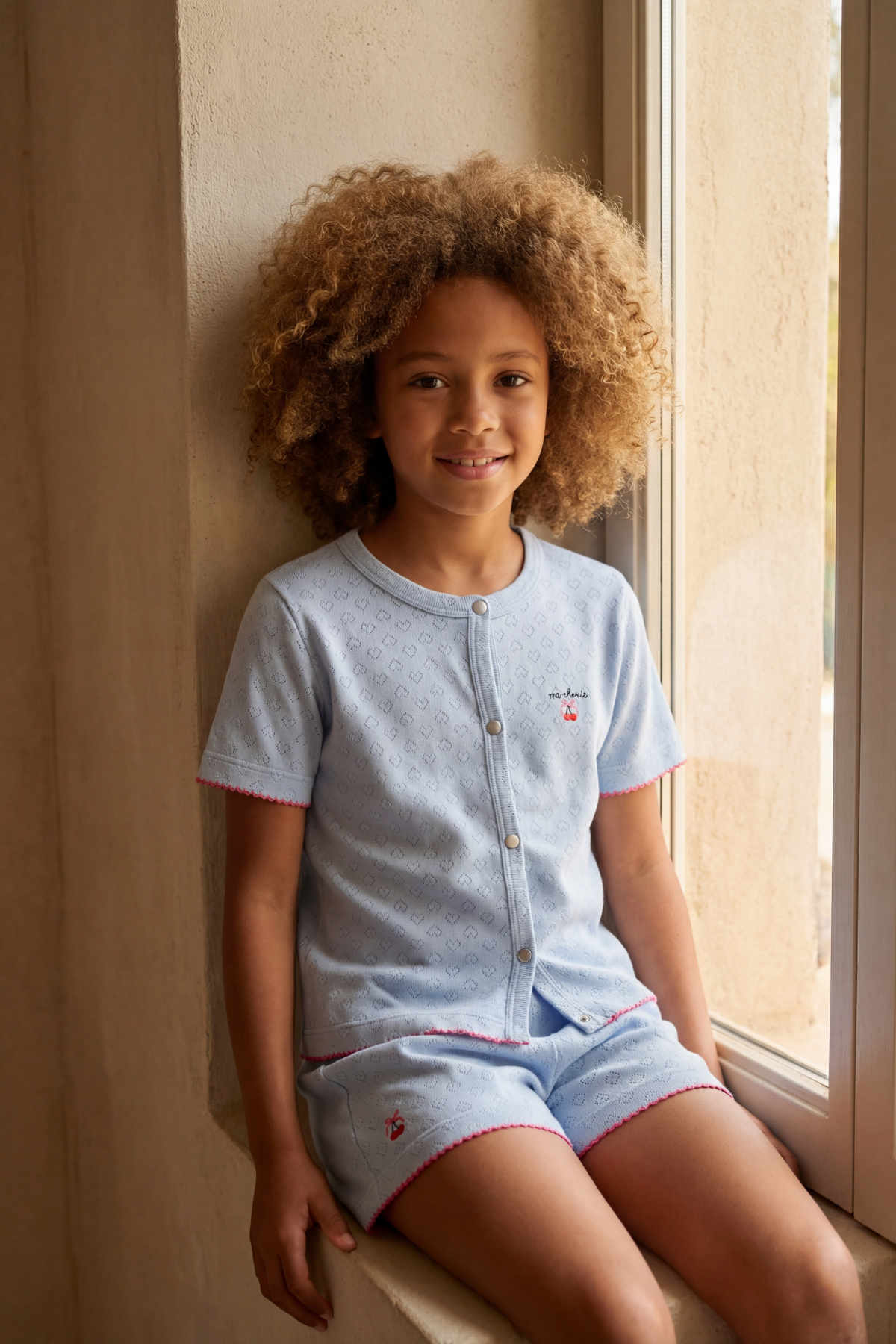 Kız Çocuk Mediterranean Kiraz Nakışlı Düğmeli Şortlu Pijama Takımı Mavi