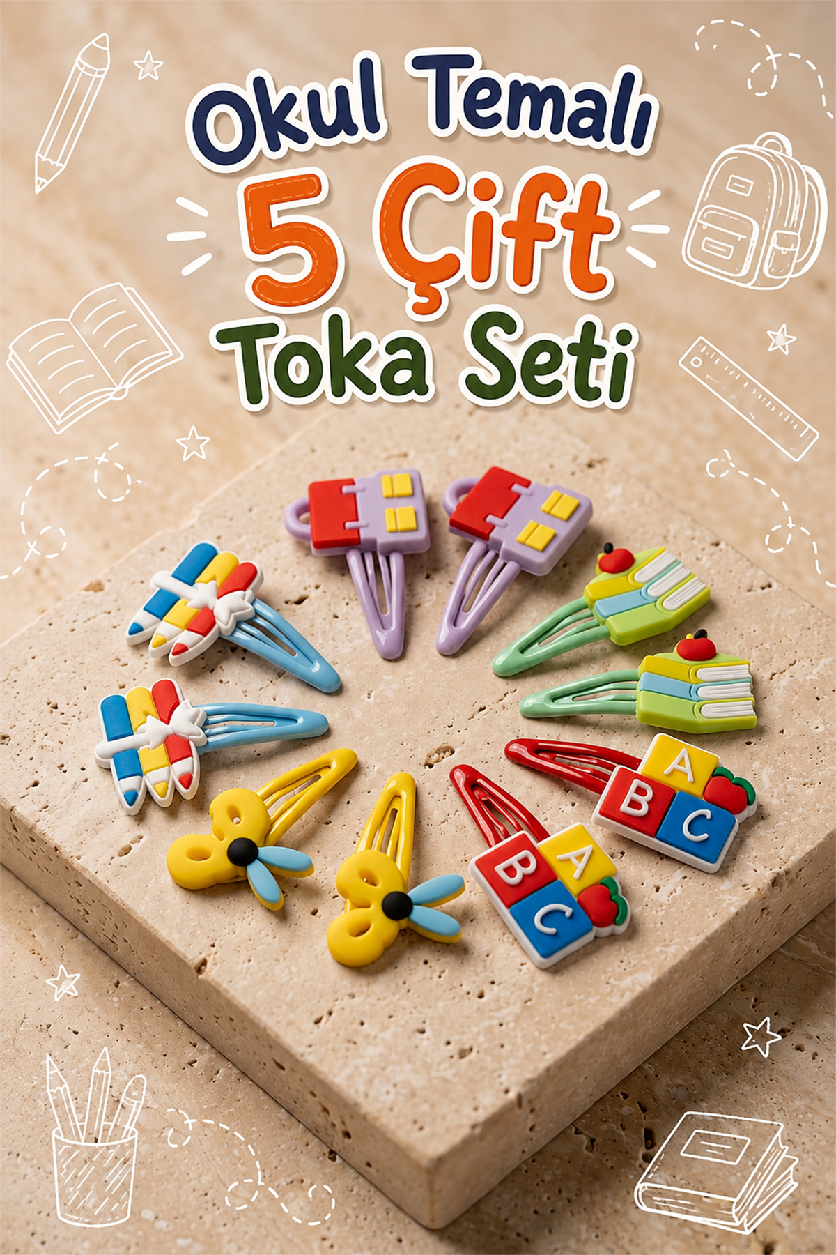 Kız Çocuk Okul Temalı 5 Çift Pens Toka Seti