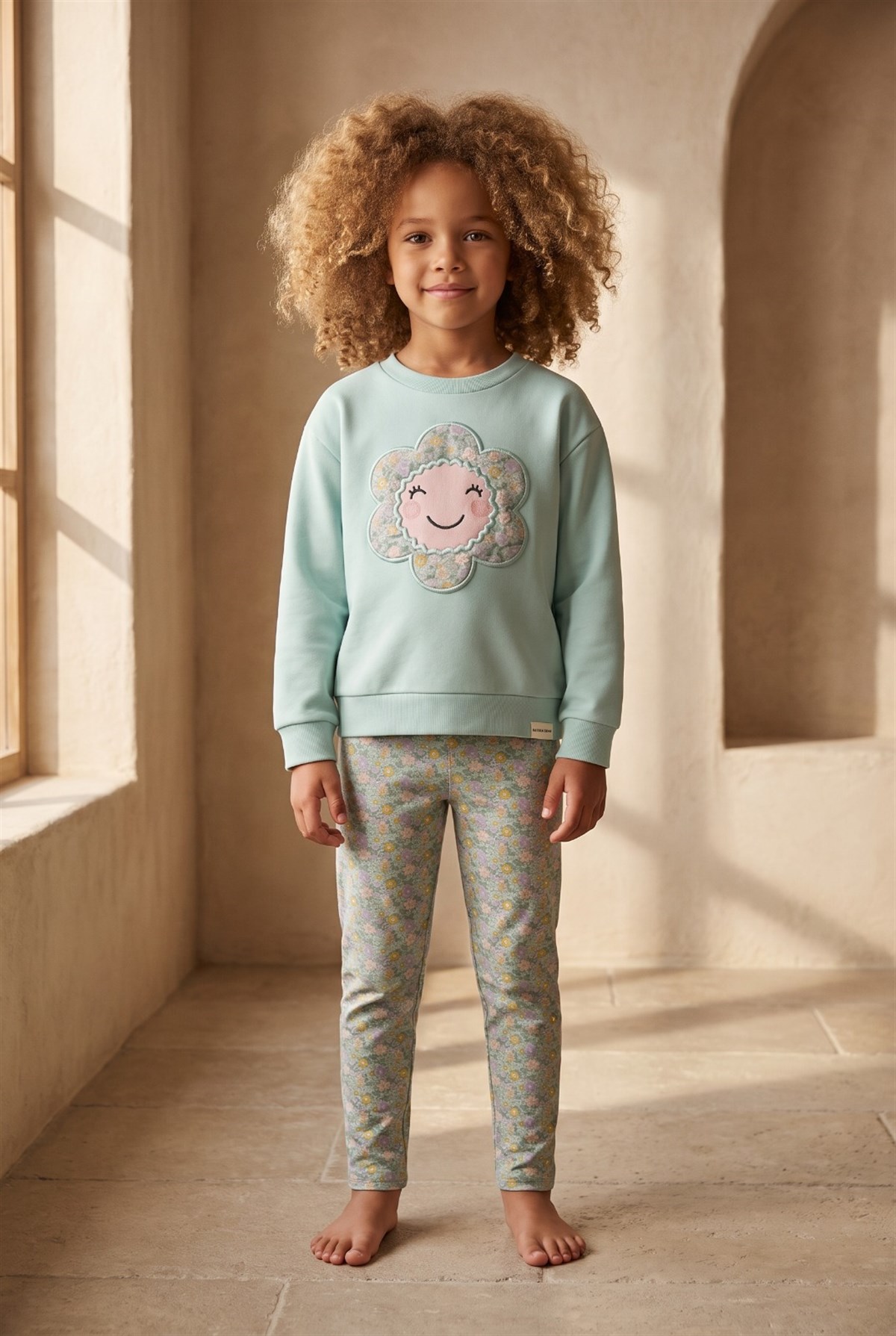 Kız Çocuk Papatya Baskılı Pijama Takımı Turkuaz