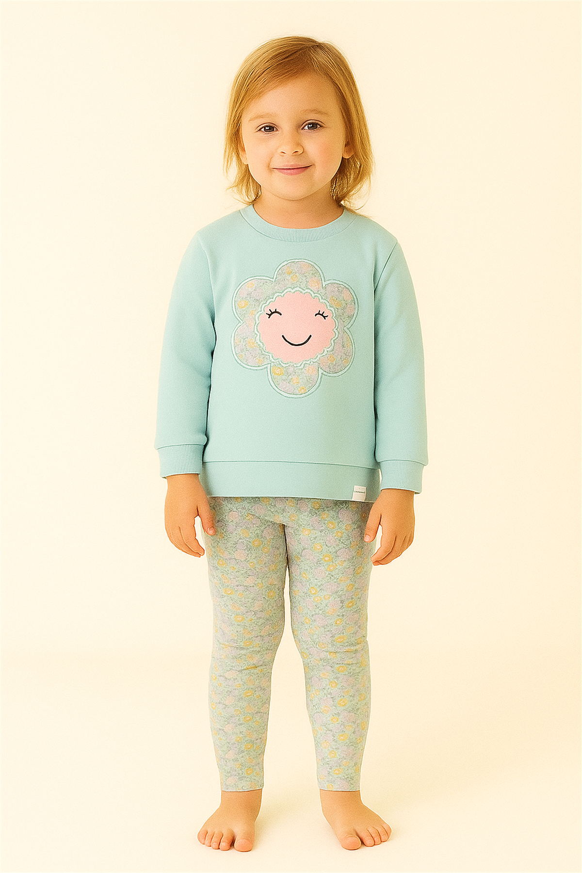 Kız Çocuk Papatya Baskılı Pijama Takımı Turkuaz