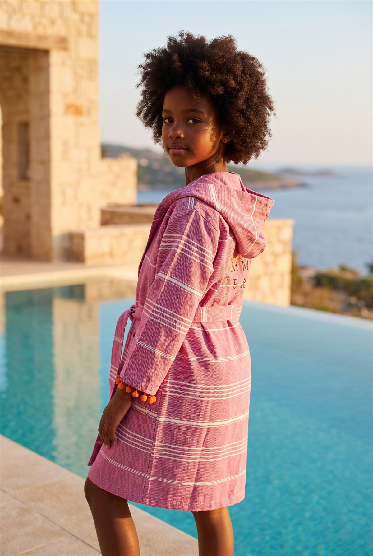 Girls Pink Colored Summer Written Peshtemal Bathrobe