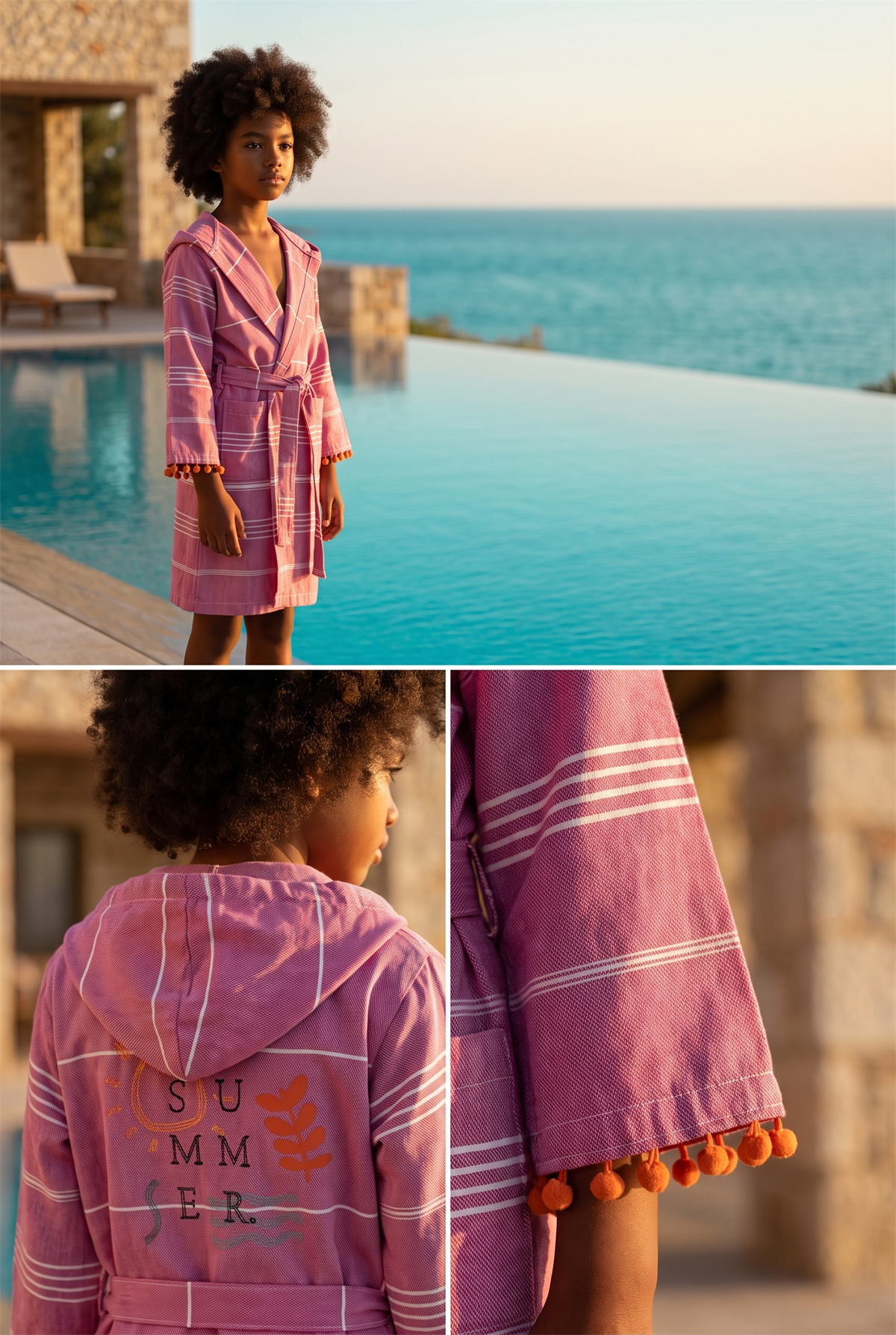 Girls Pink Colored Summer Written Peshtemal Bathrobe