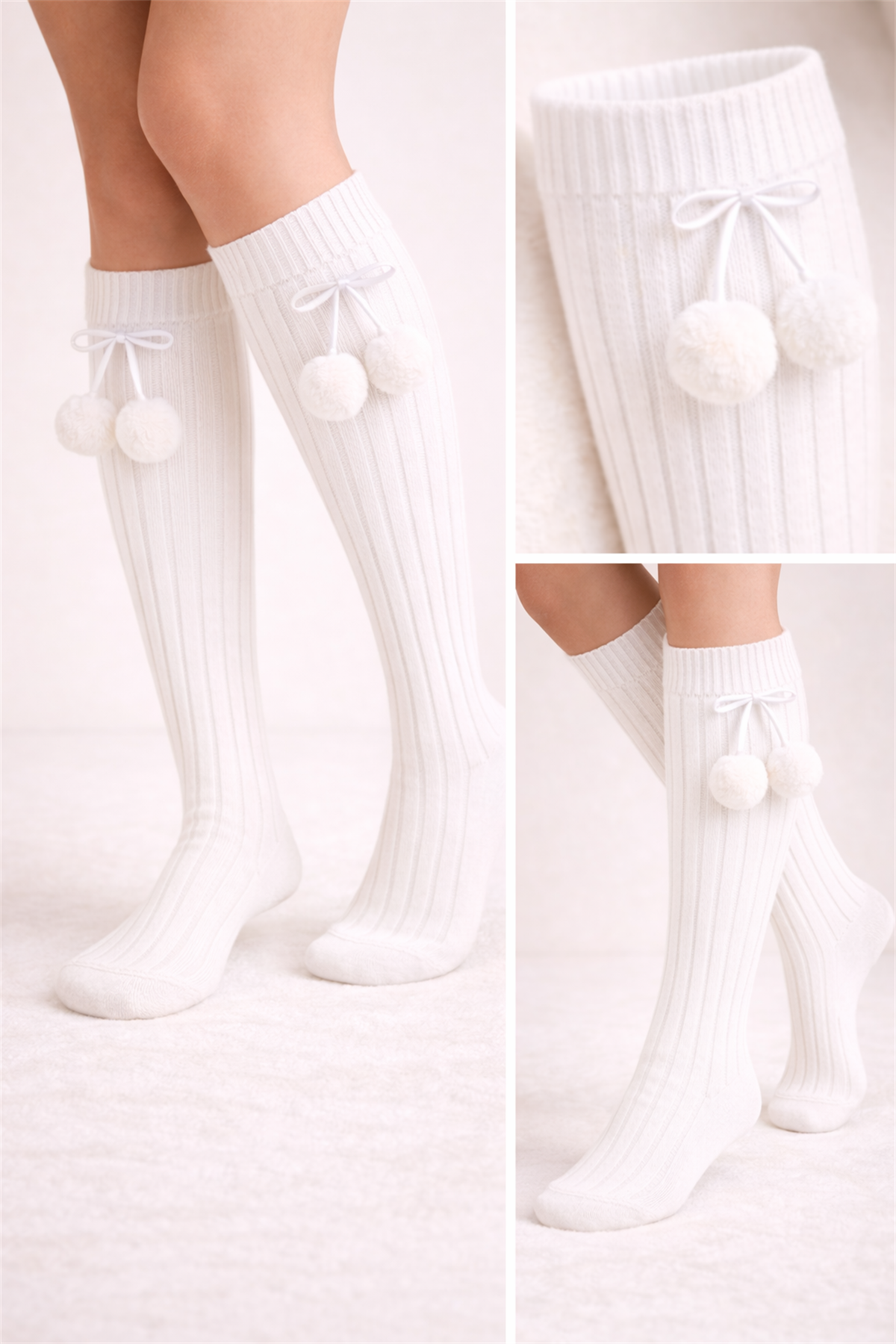 Kız Çocuk Ponponlu Dizaltı Çorap Beyaz
