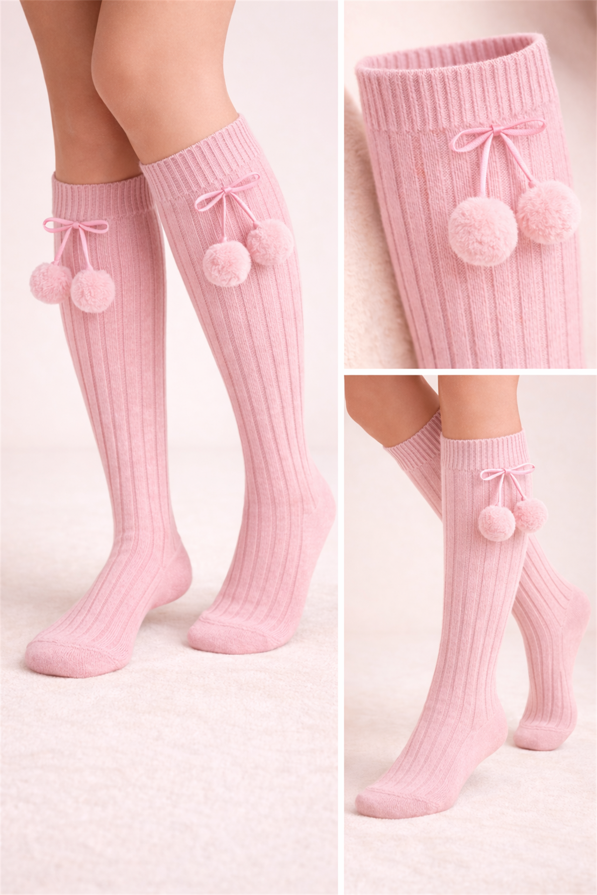 Kız Çocuk Ponponlu Dizaltı Çorap Pembe