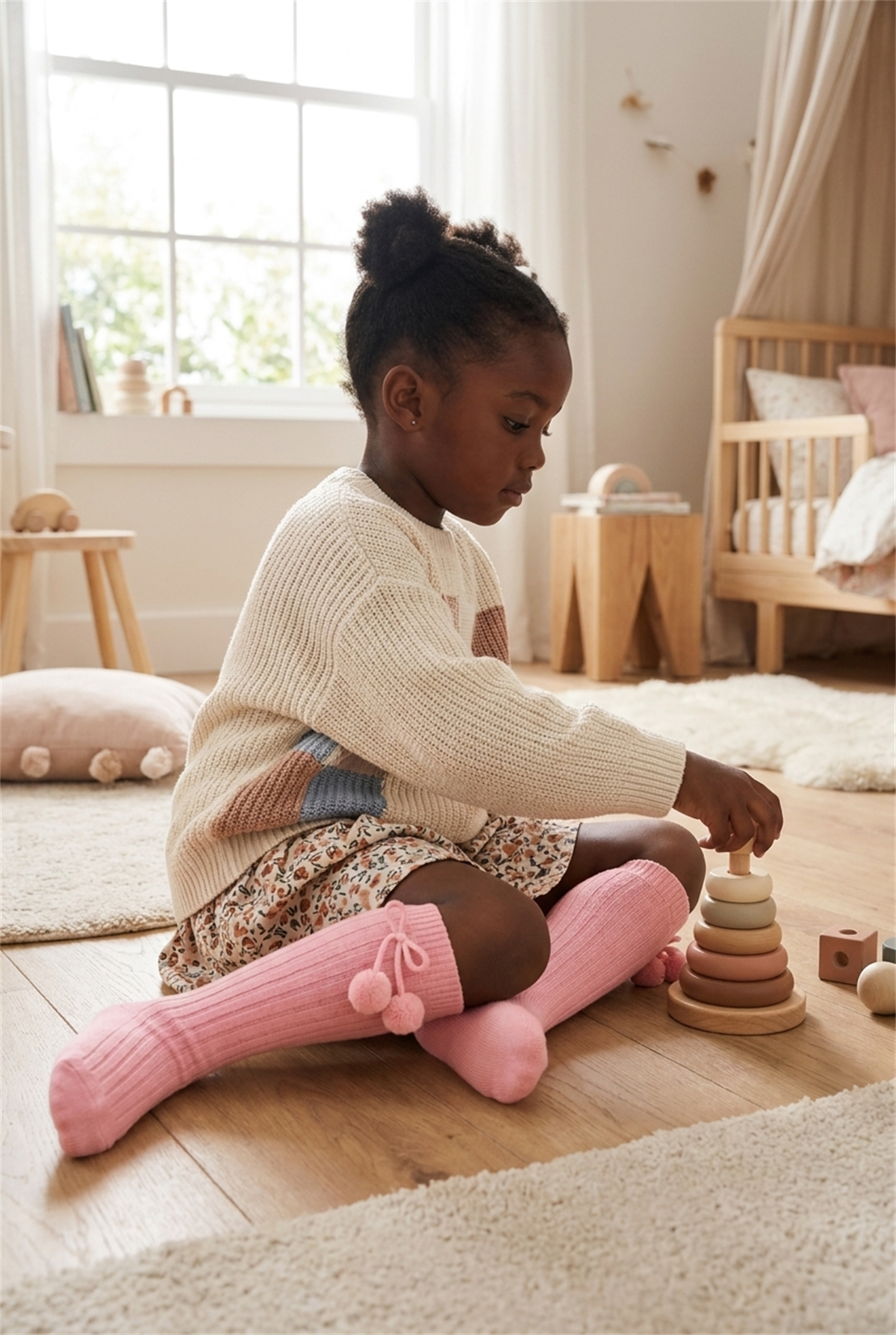 Kız Çocuk Ponponlu Dizaltı Çorap Pembe