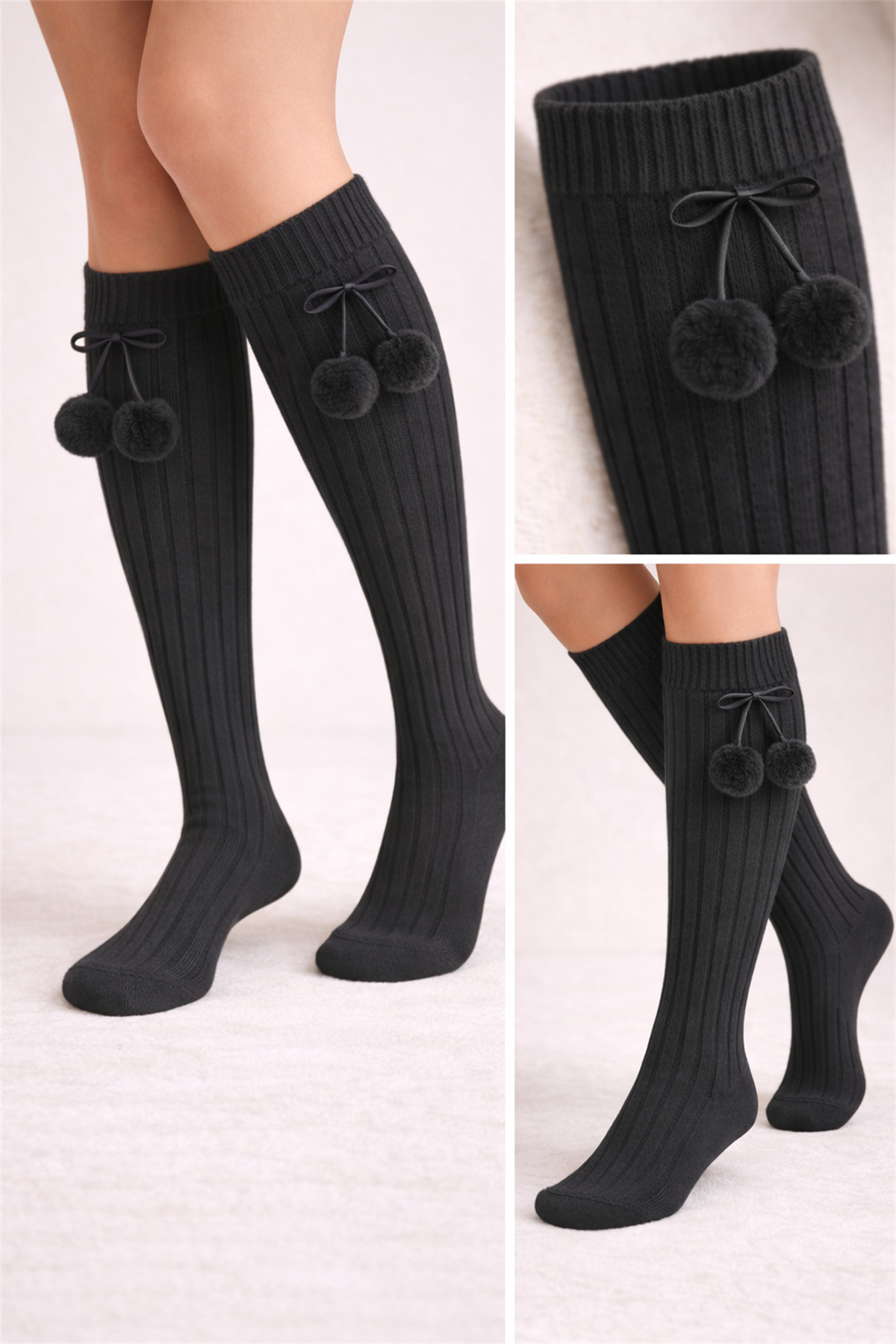 Kız Çocuk Ponponlu Dizaltı Çorap Siyah