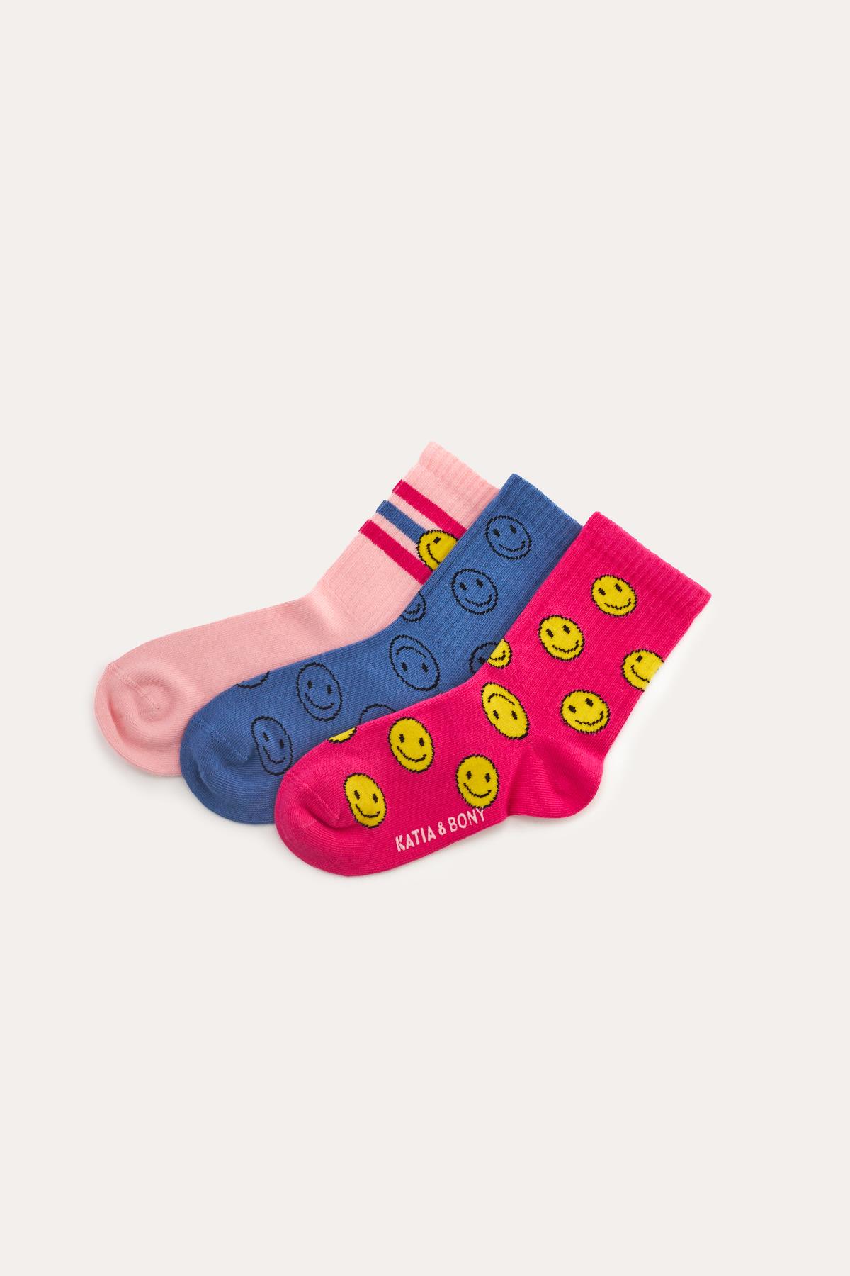 Girls Colorful Smiling Face Detail 3-Pack Sock - Fuchsia-Blue-Pink