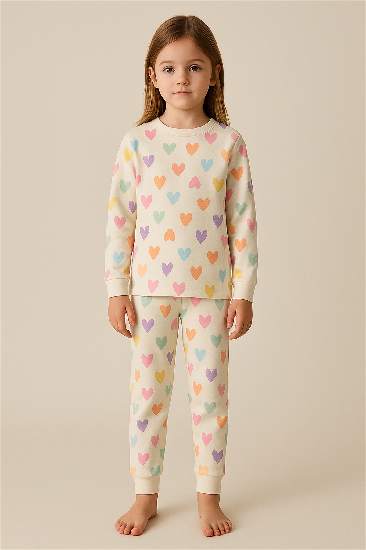 Kız Çocuk Renkli Kalpli Pijama Takımı