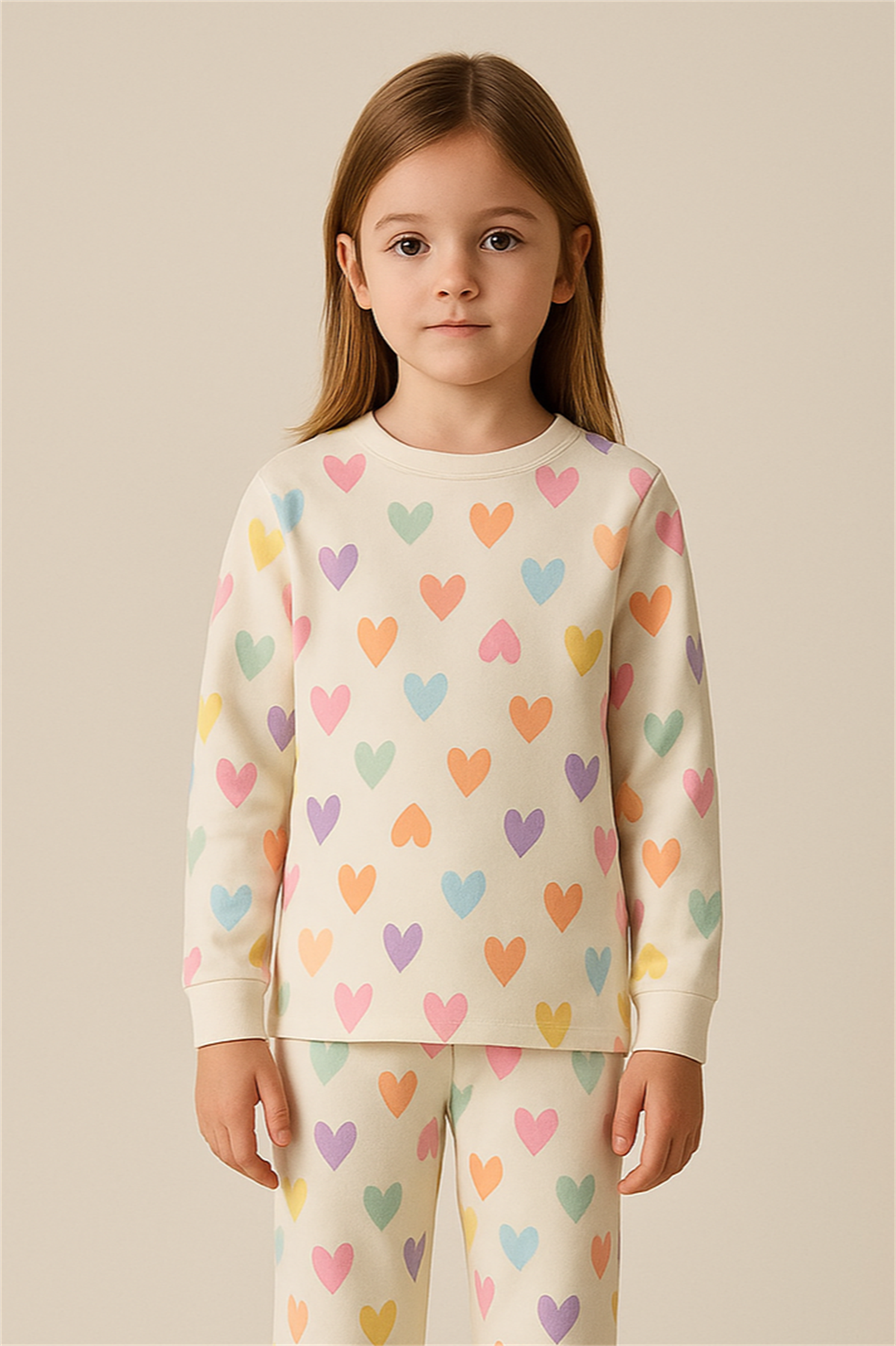 Kız Çocuk Renkli Kalpli Pijama Takımı