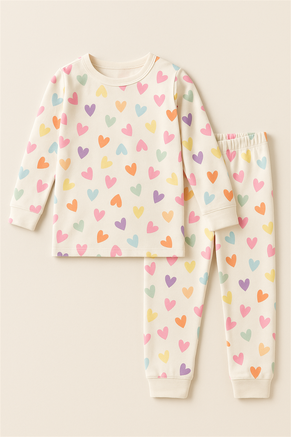 Kız Çocuk Renkli Kalpli Pijama Takımı