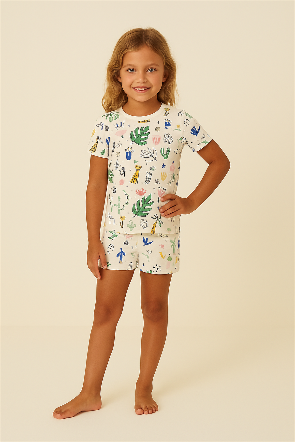 Kız Çocuk Safari Desenli Şortlu Pijama Takımı Ekru
