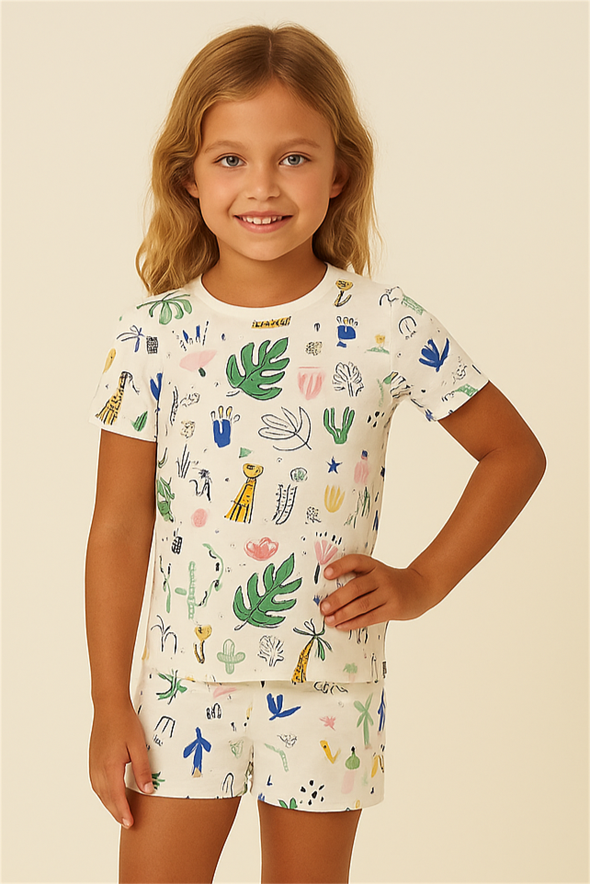 Kız Çocuk Safari Desenli Şortlu Pijama Takımı Ekru