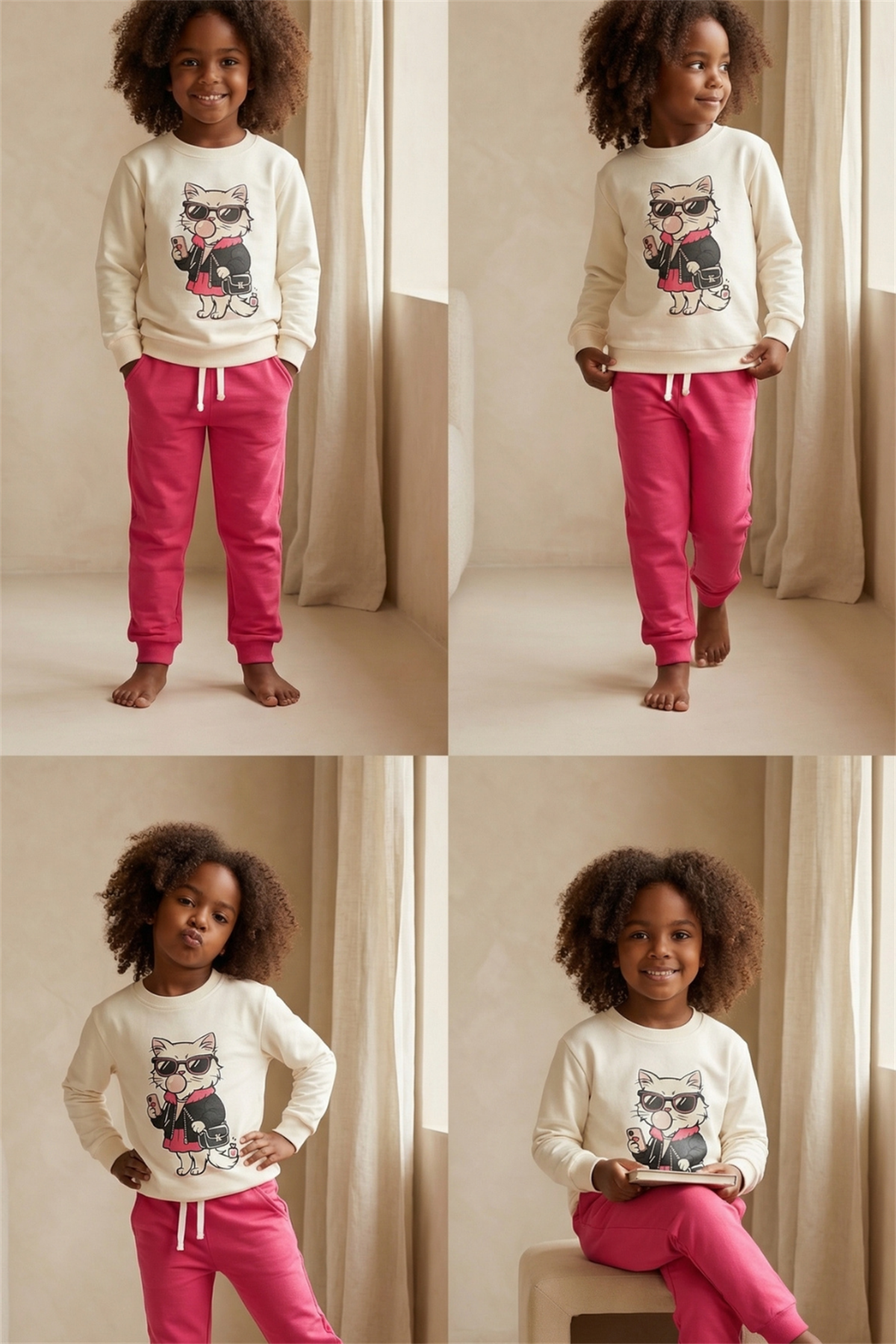 22510G2007 SAKIZLI KEDİ KIZ ÇOCUK PİJAMA TAKIMI Patterned