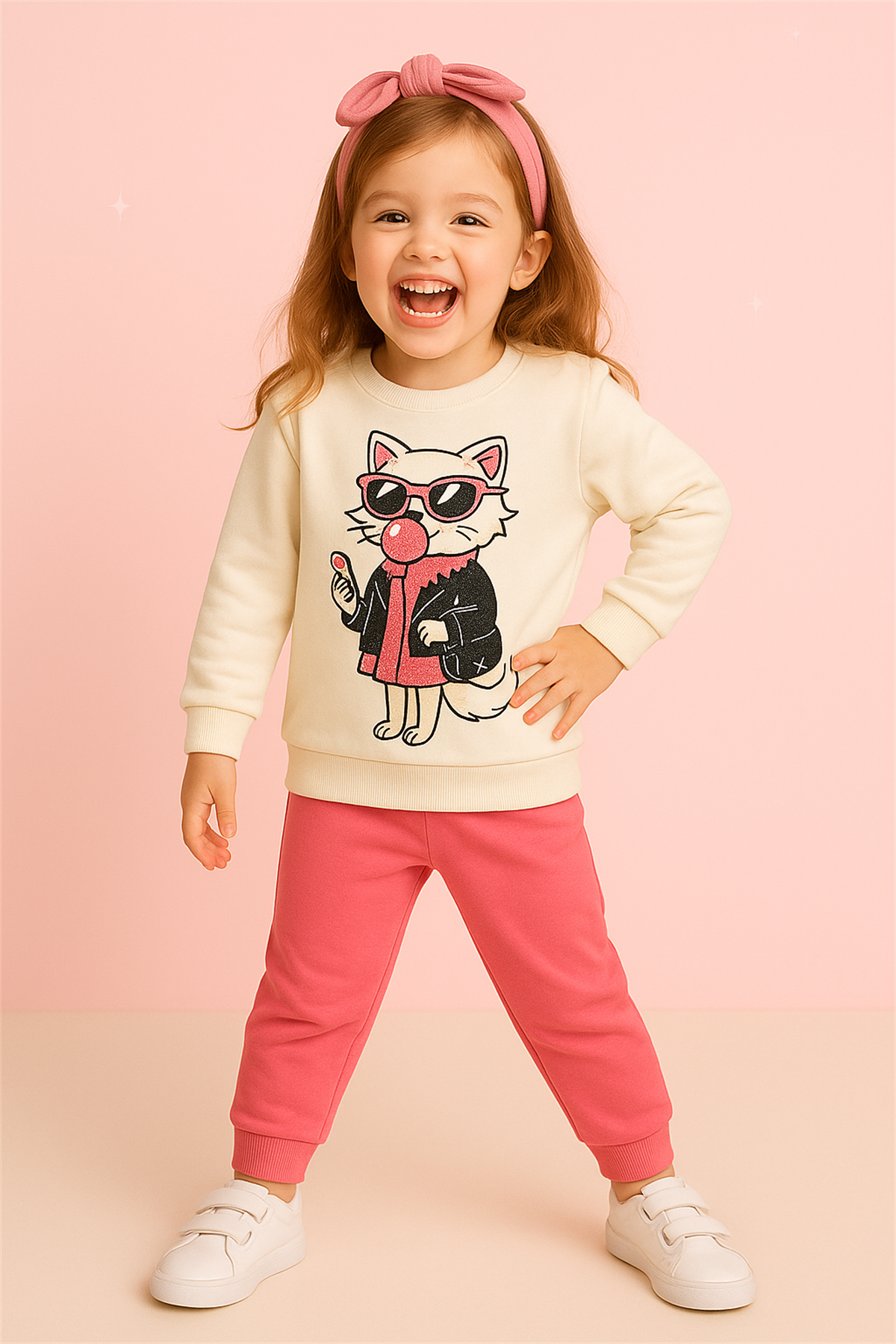 Kız Çocuk Sakızlı Kedi Desenli Eşofman Takımı