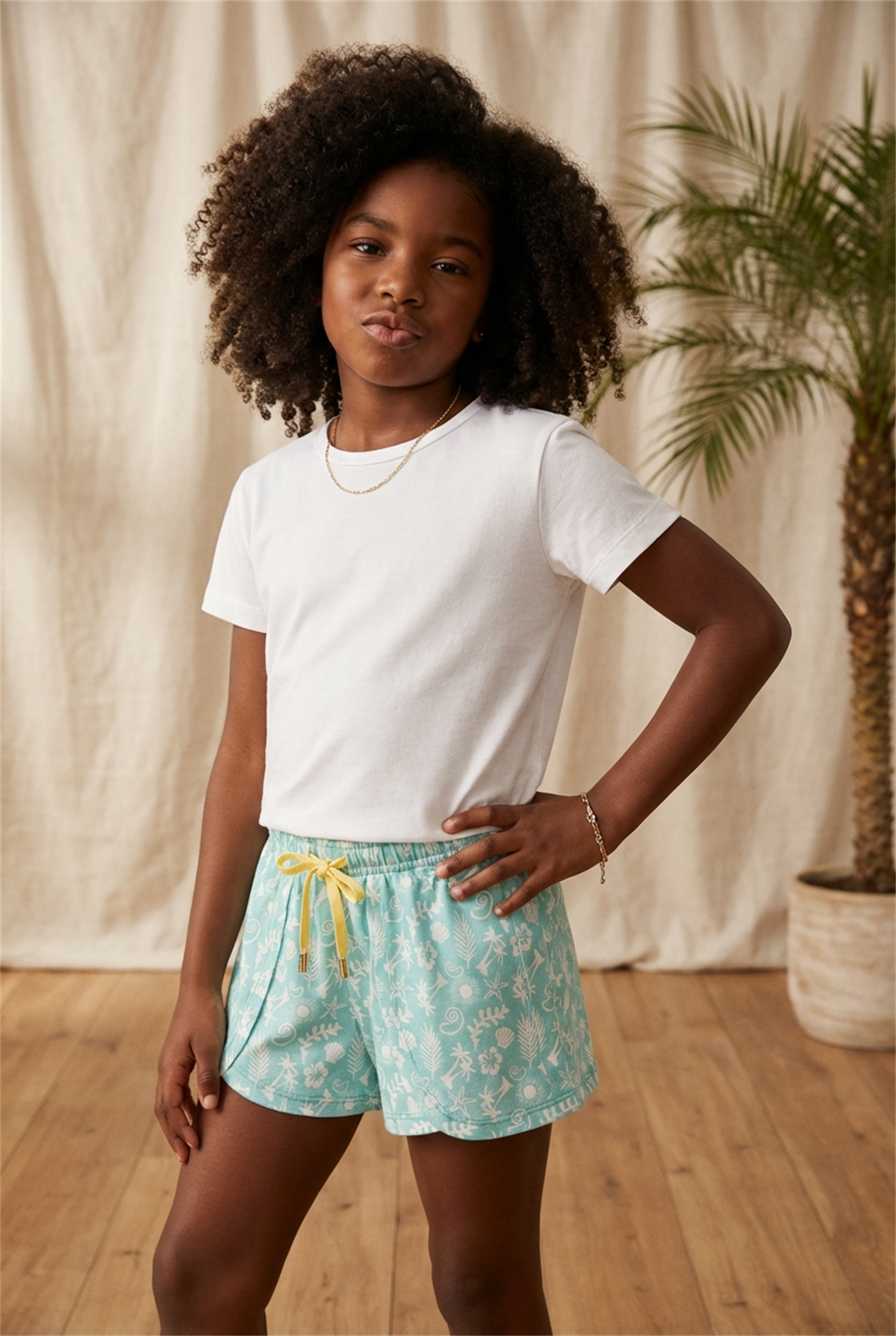 Kız Çocuk Sea La Vie Palmiye Desenli Şortlu Pijama Takımı Beyaz 