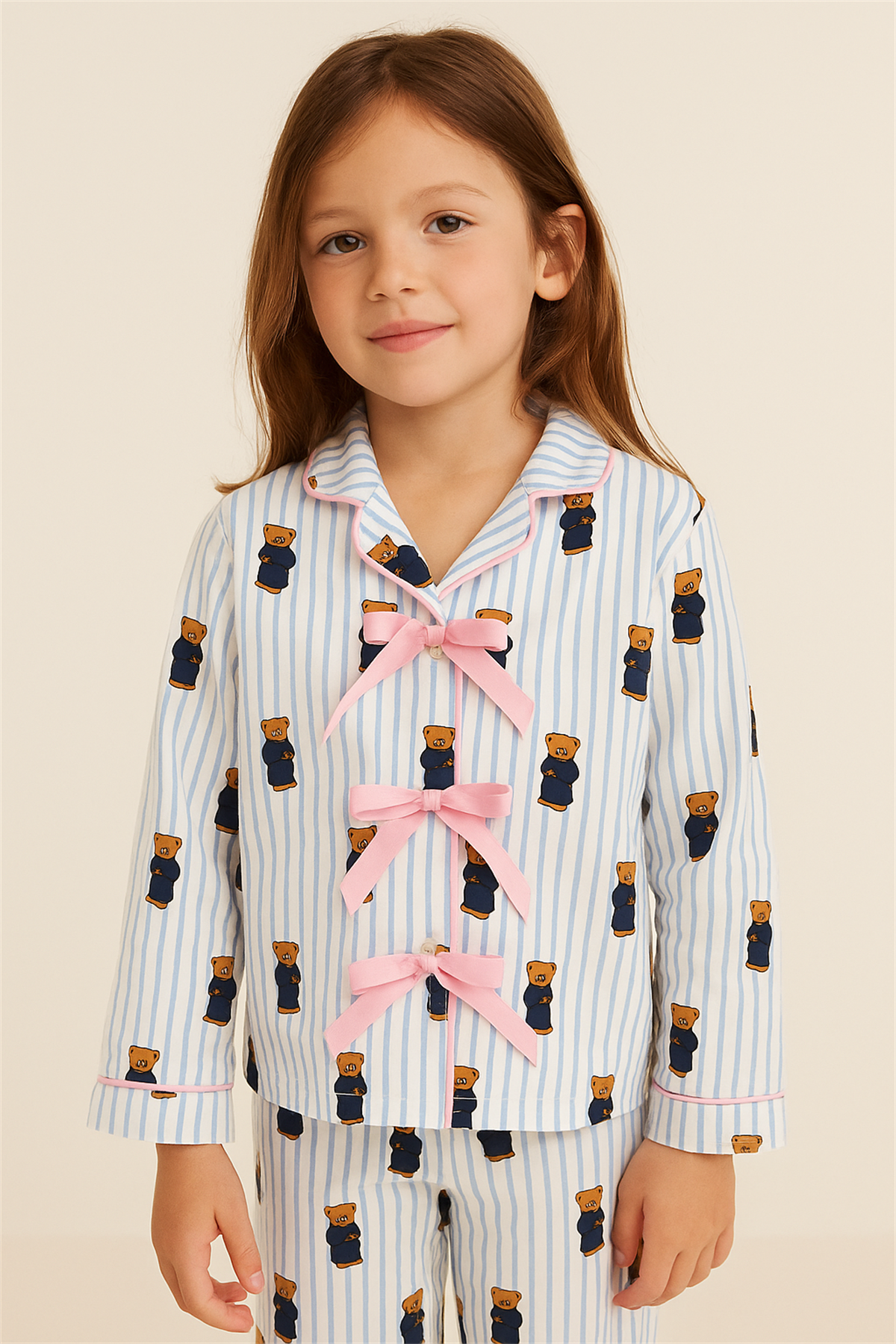 Kız Çocuk Teddy Desenli Cepli Pijama Takımı Mavi