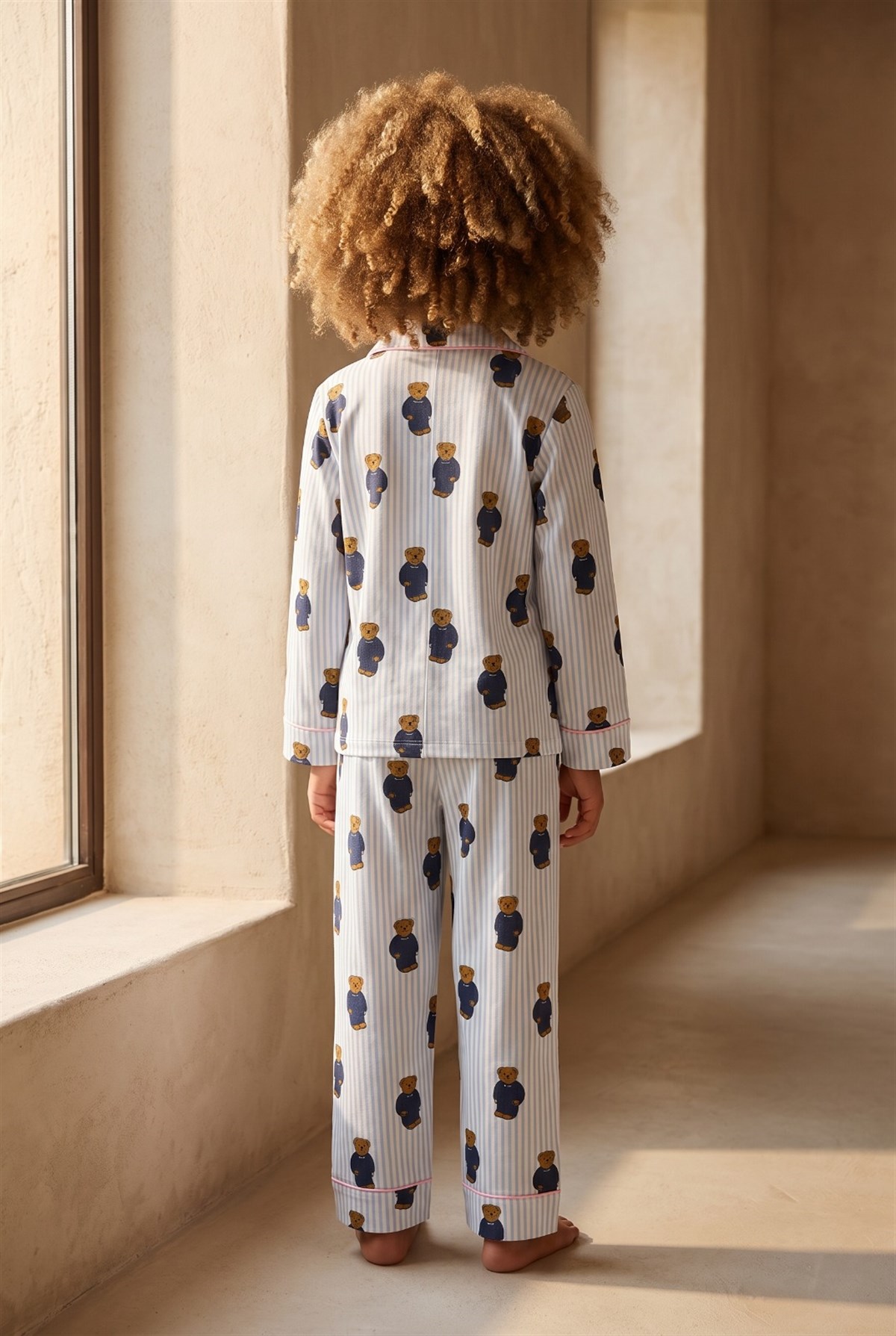 Kız Çocuk Teddy Desenli Cepli Pijama Takımı Mavi