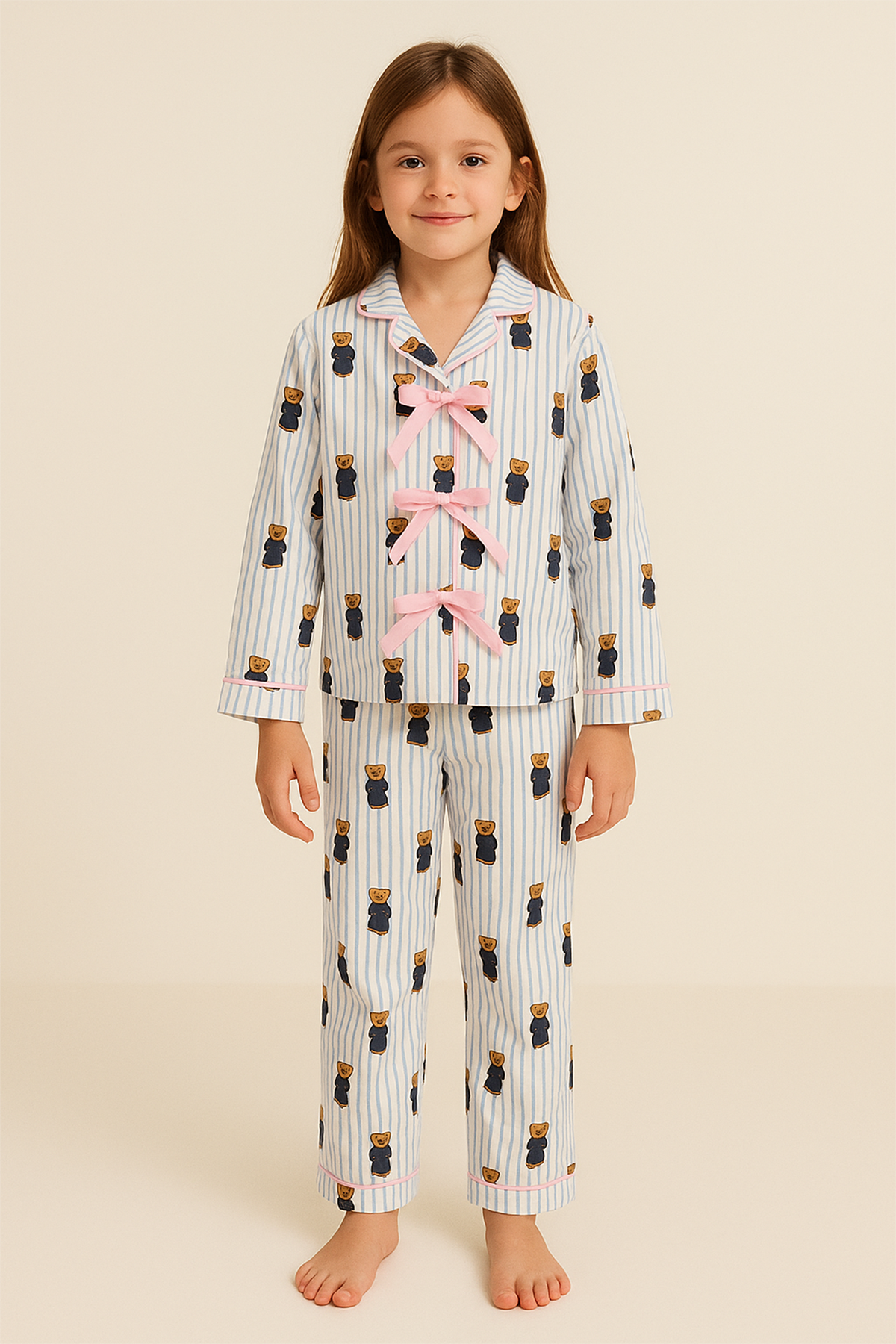 Kız Çocuk Teddy Desenli Cepli Pijama Takımı Mavi
