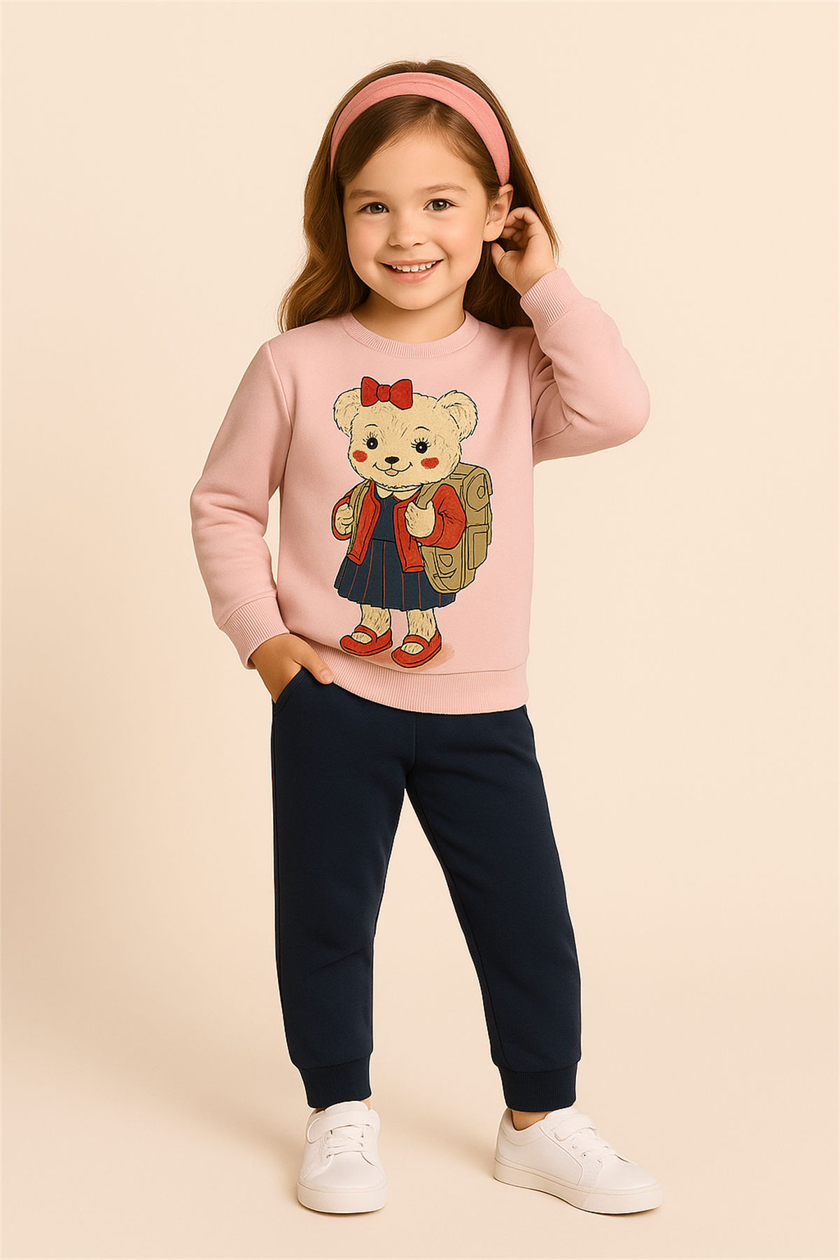 Kız Çocuk Teddy Desenli Eşofman Takımı Pembe