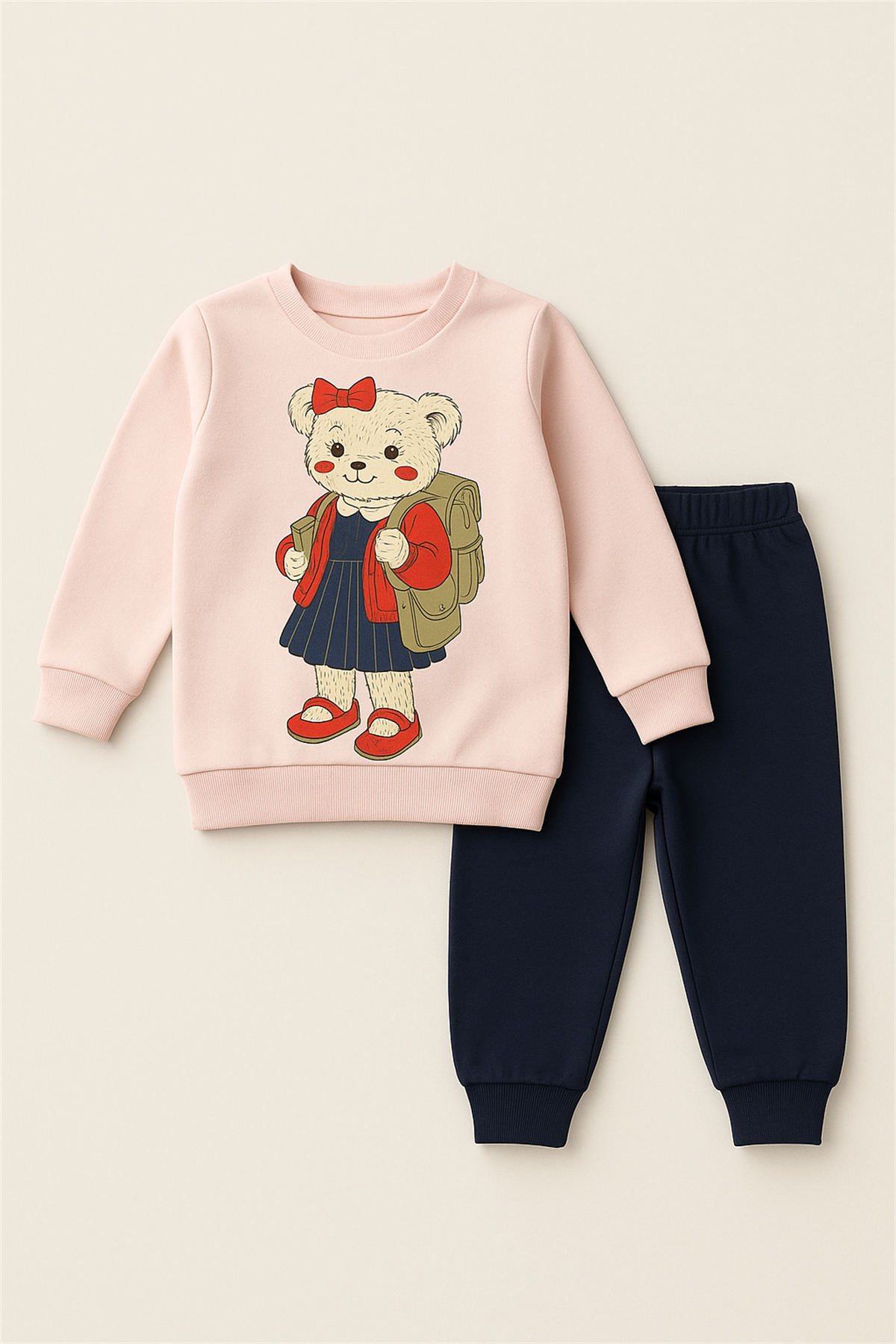 Kız Çocuk Teddy Desenli Eşofman Takımı Pembe