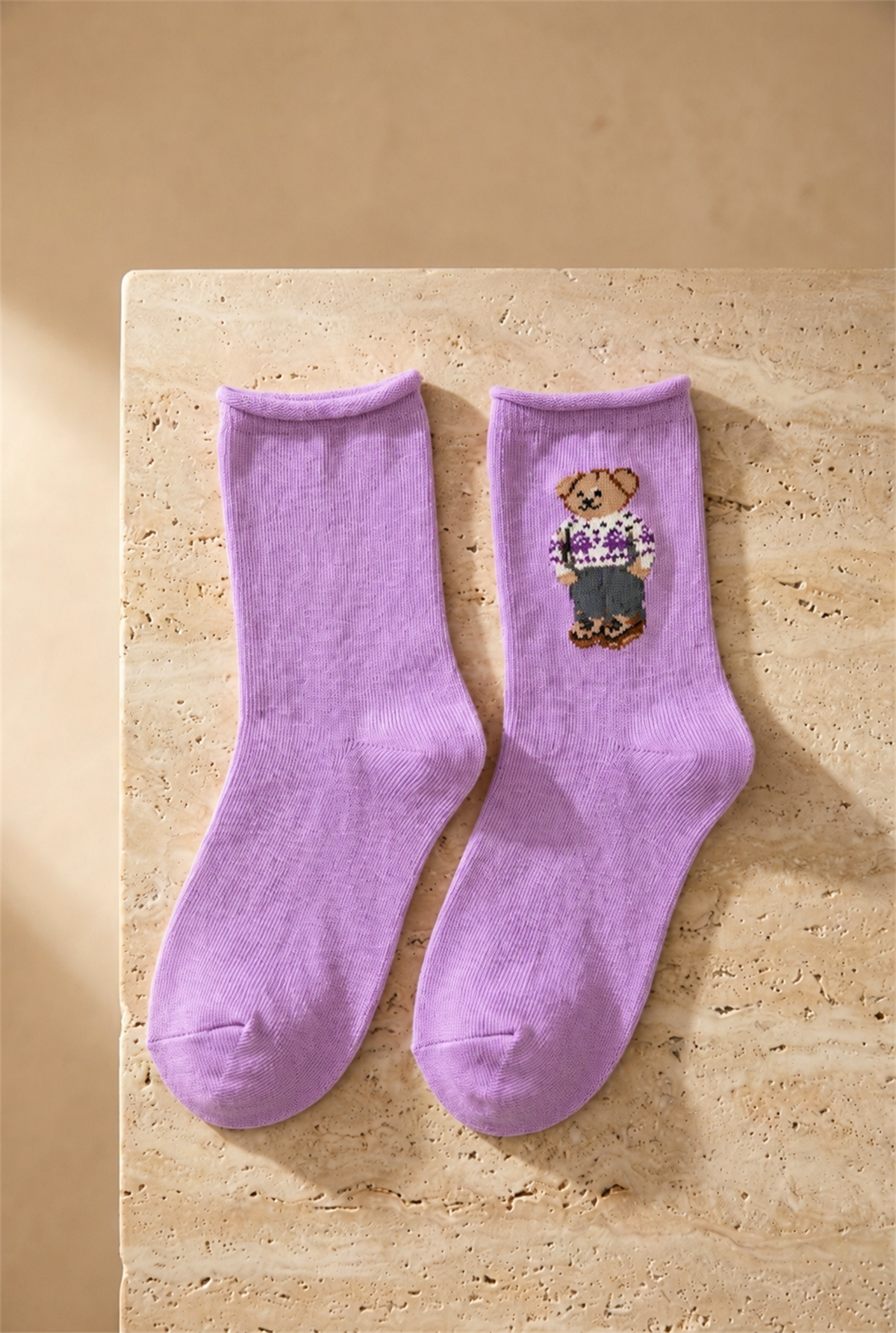 Kız Çocuk Teddy Desenli Lastiksiz Modal Soket Çorap Lila