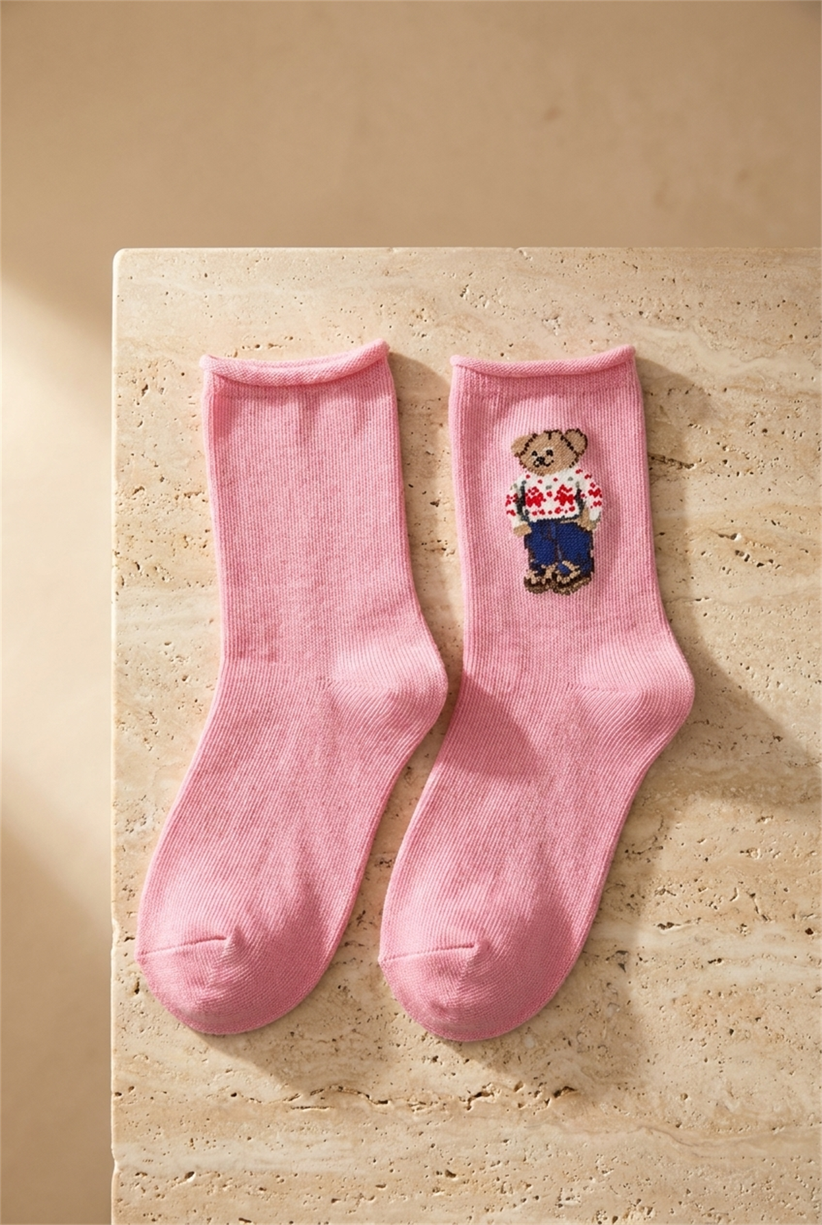 Kız Çocuk Teddy Desenli Latiksiz Modal Soket Çorap Pembe
