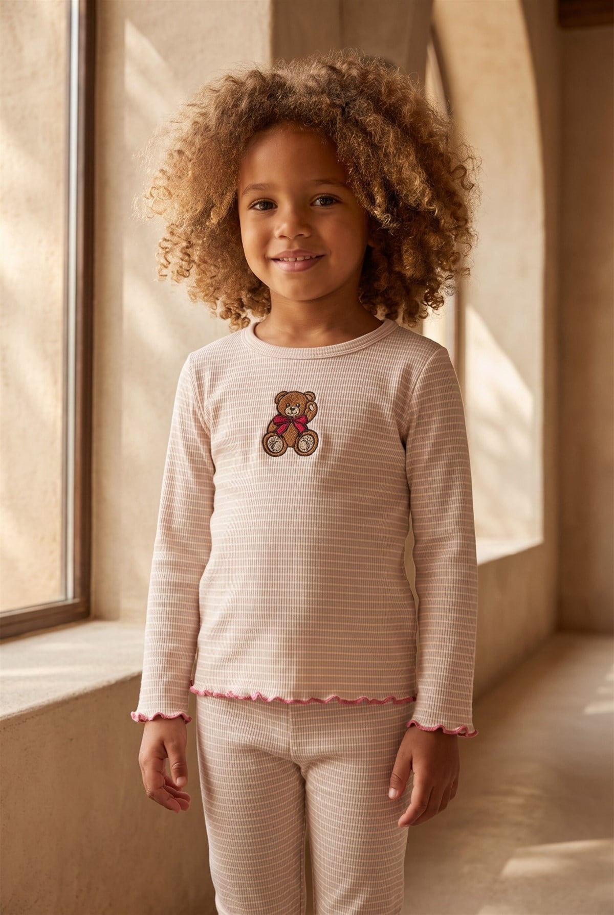 Kız Çocuk Teddy Desenli Pijama Takımı Ekru